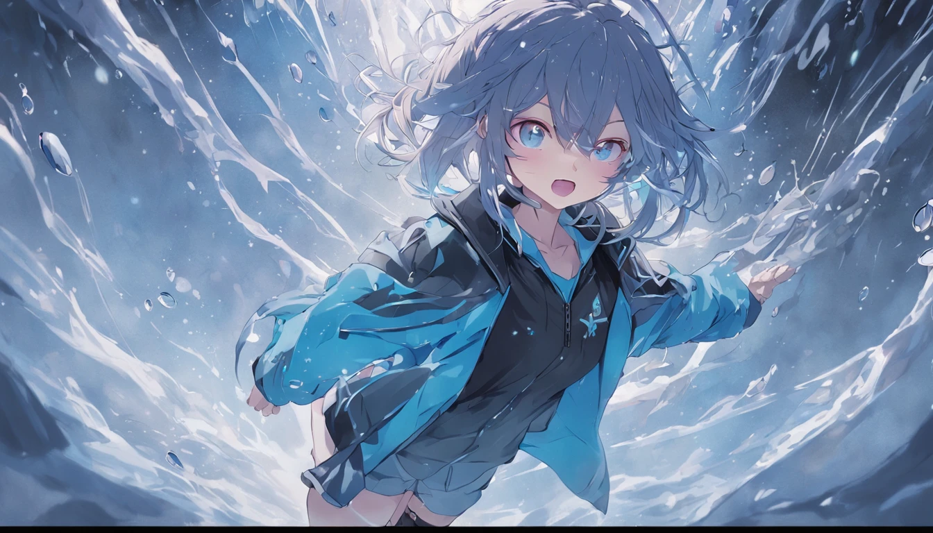 ((top-quality)), ((masterpiece)), ((ultra-detailliert)), (extremely delicate and beautiful), girl with, 独奏, cold attitude,((Black jacket)),She is very(relax)with the(Settled down)Looks,A dark-haired, depth of fields,evil smile,Bubble, under the water, Air bubble,bright light blue eyes,Inner color with light blue hair and dark blue tips,Cold background,Bob Hair - Linear Art, shortpants、knee high socks、White uniform like school uniform、Light blue ribbon ties、Clothes are sheer、Hands in pockets