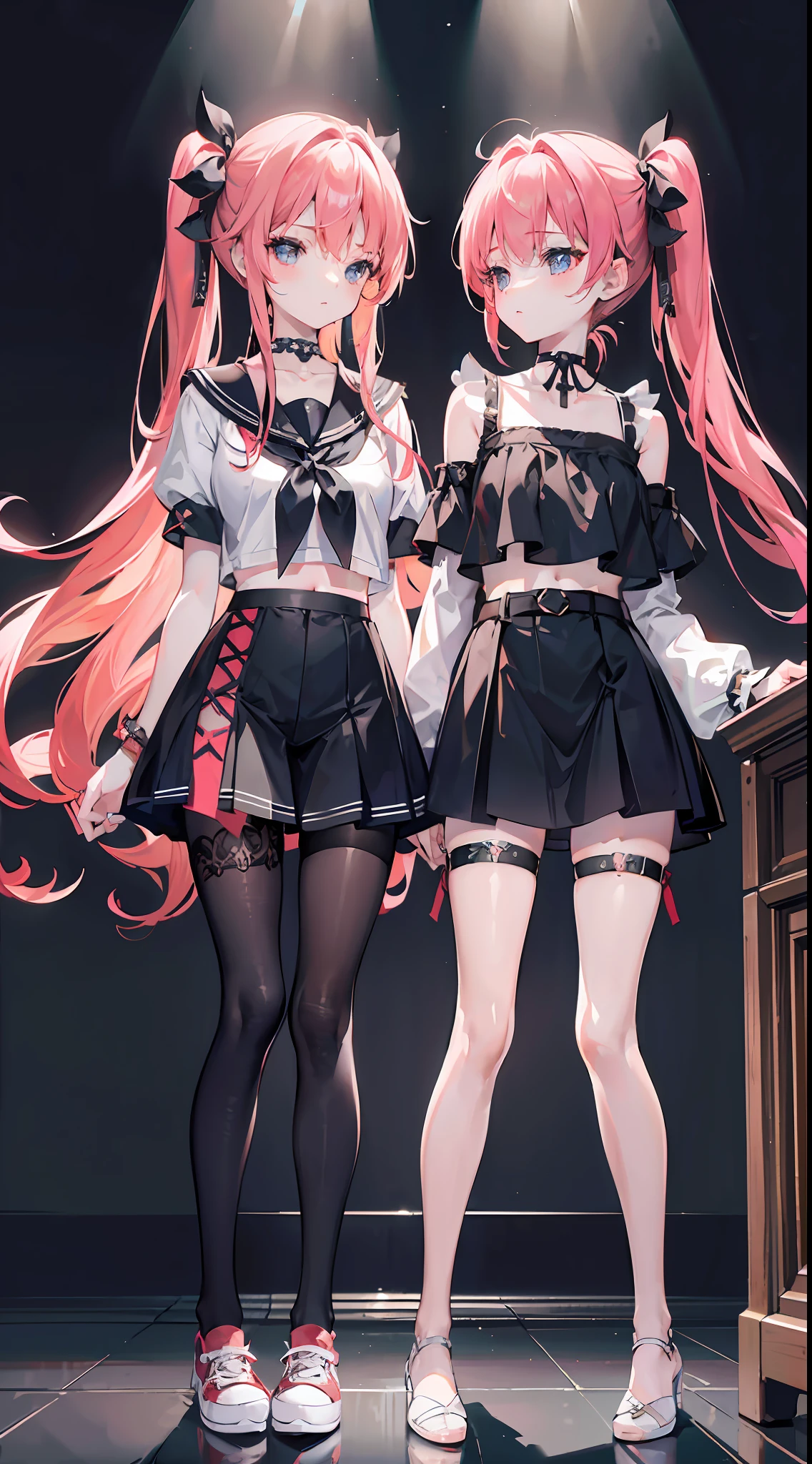 ,twins, Masterpiece,Best quality,offcial art,Extremely detailed Cg Unity 8K wallpaper, 2girls, cute female child, Yuri, hair adornments, Short shorts, Crop top, Pantyhose, ribbon_choker necklace, leg belt,