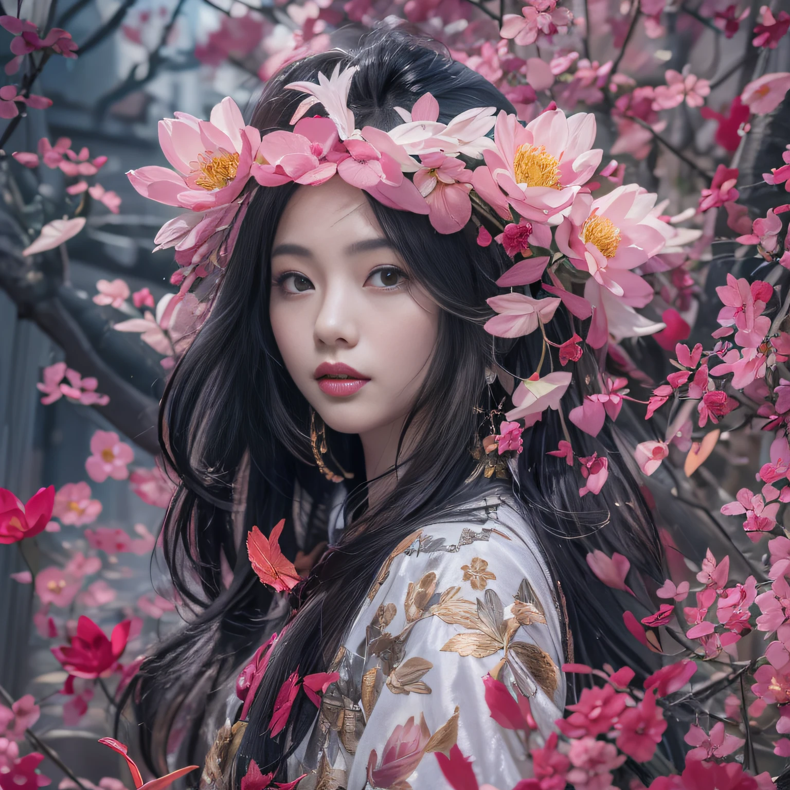 32K（tmasterpiece，k hd，hyper HD，32K）Long flowing black hair，ponds，zydink， a color，  Xuzhou people （Silly girl）， （Silk scarf）， Combat posture， looking at the ground， long whitr hair， Floating hair， Carp pattern headdress， Chinese long-sleeved clothing， （abstract ink splash：1.2）， Pink petal background，Pink and white lotus flowers fly（realisticlying：1.4），Black color hair，Fallen leaves flutter，The background is pure， A high resolution， the detail， RAW photogr， Sharp Re， Nikon D850 Film Stock Photo by Jefferies Lee 4 Kodak Portra 400 Camera F1.6 shots, Rich colors, ultra-realistic vivid textures, Dramatic lighting, Unreal Engine Art Station Trend, cinestir 800，Long flowing black hair，Denim skirt