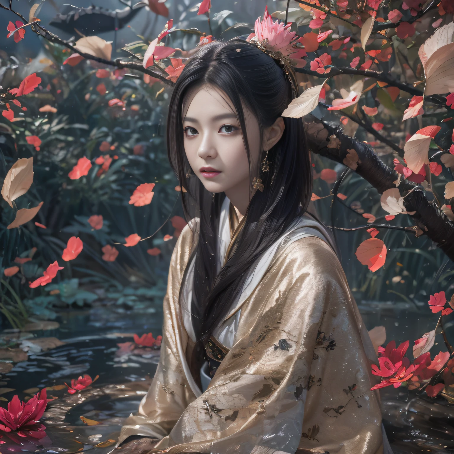 32K（tmasterpiece，k hd，hyper HD，32K）Long flowing black hair，ponds，zydink， a color，  Xuzhou people （Silly girl）， （Silk scarf）， Combat posture， looking at the ground， long whitr hair， Floating hair， Carp pattern headdress， Chinese long-sleeved clothing， （abstract ink splash：1.2）， Pink petal background，Pink and white lotus flowers fly（realisticlying：1.4），Black color hair，Fallen leaves flutter，The background is pure， A high resolution， the detail， RAW photogr， Sharp Re， Nikon D850 Film Stock Photo by Jefferies Lee 4 Kodak Portra 400 Camera F1.6 shots, Rich colors, ultra-realistic vivid textures, Dramatic lighting, Unreal Engine Art Station Trend, cinestir 800，Long flowing black hair，Denim skirt