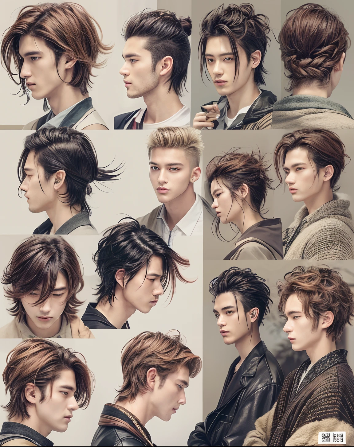 （Japan 25-year-old male）Casual street style hairstyles for autumn-winter season。The sides and back are cut short、The top is long and textured.。The color is deep chestnut、Suitable for the cool season。His face is full of confidence、The eyes look ahead to a positive future。