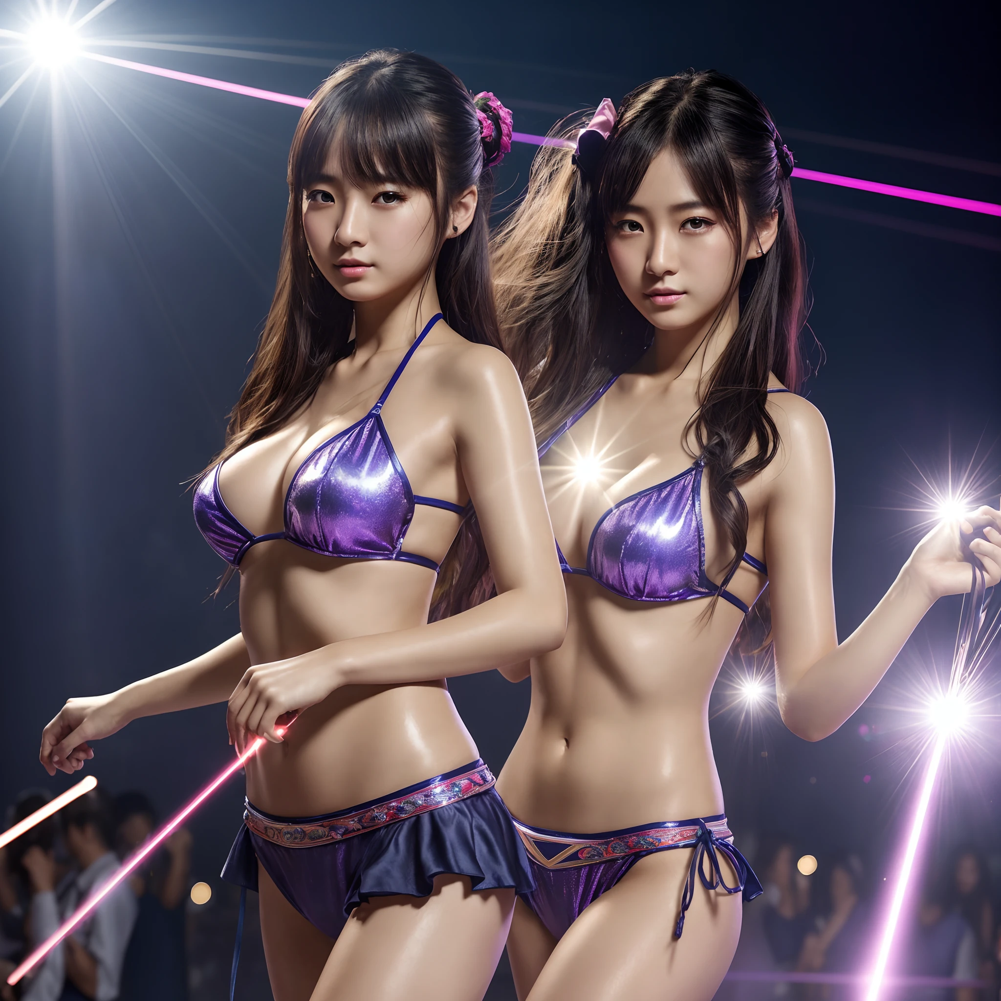 (in 8K、top-quality、超A high resolution、masterpiece:1.2)、(Photorealsitic:1.4)、(detailed skins:1.3)、Beautiful Japan girl at 18 years old、(Detail Eye) 、1人、(Rave Festival at night)、(The bikini)、Sweaty skin、long hair of light colors、LED Screen Monitor、stage lighrt、Lit up、Stage lighting、Laser beam、festival、Lens flare and high resolution texture GPT-3.5、Elaborate CG、cowboy shot、beautiful lighting、lighting like a movie、Background SSR Card Design、prisma、kirakira、(foco nítido)