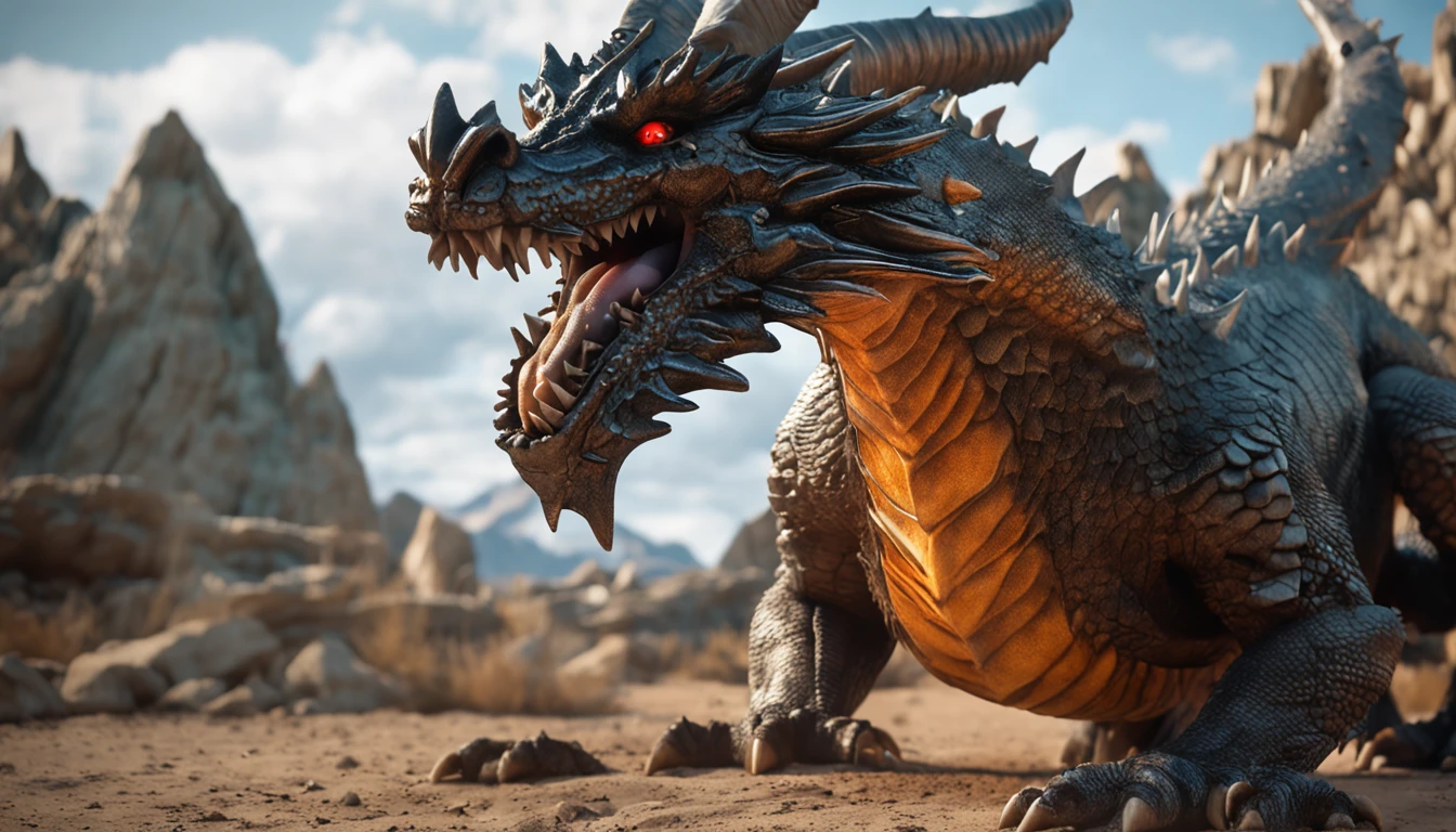 Realistic photos, RAW Photos, Bahamut, attacks viewer, Powerful movements, jump on prey, ((Dynamic jump)), Sharp Claws, Bahamut approaching from above, sudden approach, Bad-tempered, dynamic Shot from grand, flame magic