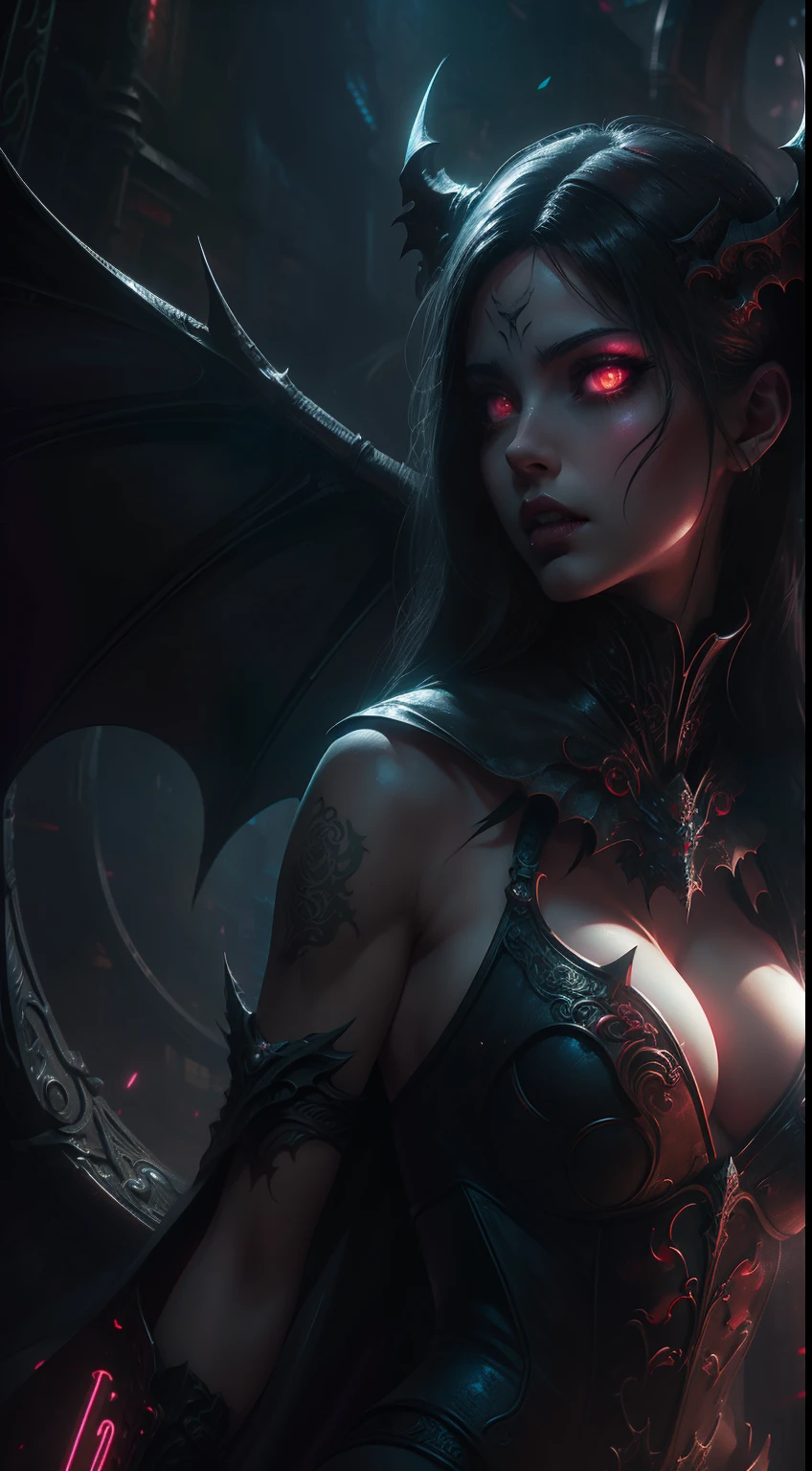 high high quality，Best quality at best，Realiy，Super realistic，super detailing,tmasterpiece，A high resolution，8K，Very realistic，Hellbringers，red - eyed，Meniscus，Close-up of a girl with a sword and a vampire, Dark black cloak，比基尼，glitchpunk girl,pale milky white porcelain skin, Vampires，Smooth translucent white skin, small thighs，Small waist，Small hips，cropped shoulders，Nice collarbone，ultra-realistic realism，big breasts exposed cleavage,The upper part of the body,,Wear a bikini，Tattooed with，red color eyes，gothic art style，((Bat wings))，Epic fantasy digital art style,A noble and elegant vampire girl, dan mumford tom bagshaw, dark fantasy style art, Epic fantasy art style, , dark fantasy art style, Epic fantasy art style HD, dark fantasy digital art，"Artistic image type: {Perched on the top of the cybernetic dragon, Vampire Maiden investigates the vast cyber metropolis below. Infused with neon lights, Contrast her technically enhanced body, Embedded LEDs and retractable technology weapons shine. In a striking pose, She seemed ready to act, A fusion of ancient legends and visions of the future}, Excellent location，with city view, (Vibrant neon lighting:1.5), (Digital painting:1.25), (4K:1.2). environment: panoramic view of a city，Bats fly across the skyline."
