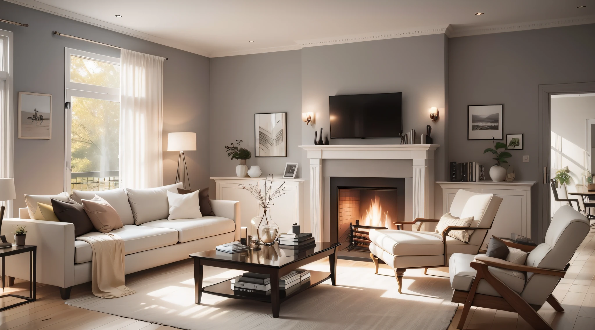 a modern room with one fireplace on with furnitures around on a light palete of colors