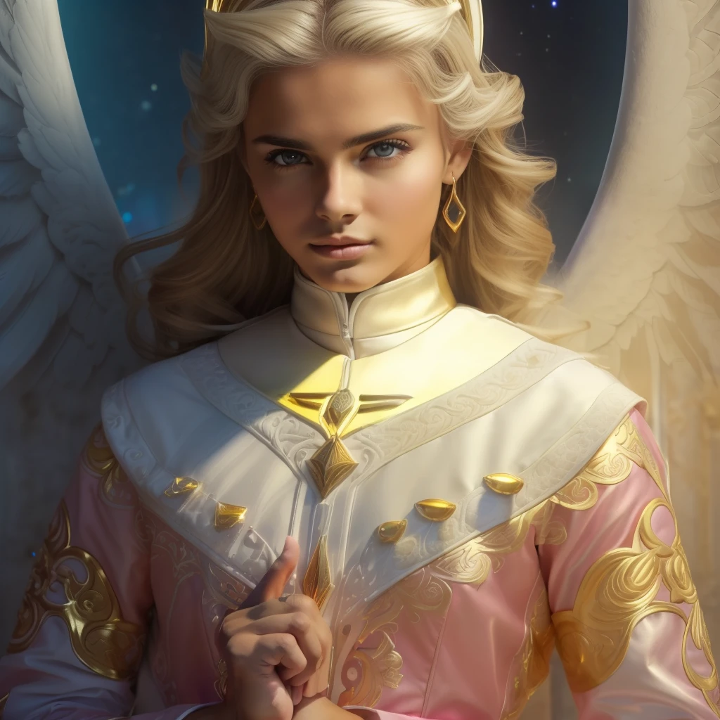 ((Male Custodian Angel. 19 years old))) ((( Con una cara seria y piadosa. Con una mirada dulce y tierna))) (obra maestra, calidad superior, mejor calidad, arte oficial, beautiful and aesthetic: 1.2), (1girl), extremadamente detallado, (Arte fractal: 1.3), colorido, highest detailed, Cara perfecta, parte superior del cuerpo, HDR, (orando: 1.3), (golden lines of white coat: 1.2), galaxia, (rayas de luz), eye-catching visuals, (dynamic stripes, senderos luminosos: 1.2), colores vibrantes,