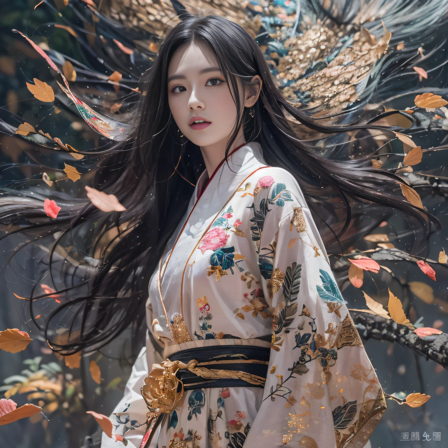 32K(tmasterpiece,k hd,hyper HD,32K)Long flowing black hair,ponds,zydink, a color, Xuzhou people (Silly girl), (Silk scarf), Combat posture, looking at the ground, long whitr hair, Floating hair, Carp pattern headdress, Chinese long-sleeved clothing, (Abstract gouache splash:1.2), Pink petal background,Pink and white lotus flowers fly(realisticlying:1.4),Black color hair,Fallen leaves flutter,The background is pure, A high resolution, the detail, RAW photogr, Sharp Re, Nikon D850 Film Stock Photo by Jefferies Lee 4 Kodak Portra 400 Camera F1.6 shots, Rich colors, ultra-realistic vivid textures, Dramatic lighting, Unreal Engine Art Station Trend, cinestir 800,Long flowing black hair,see-through transparent clothes