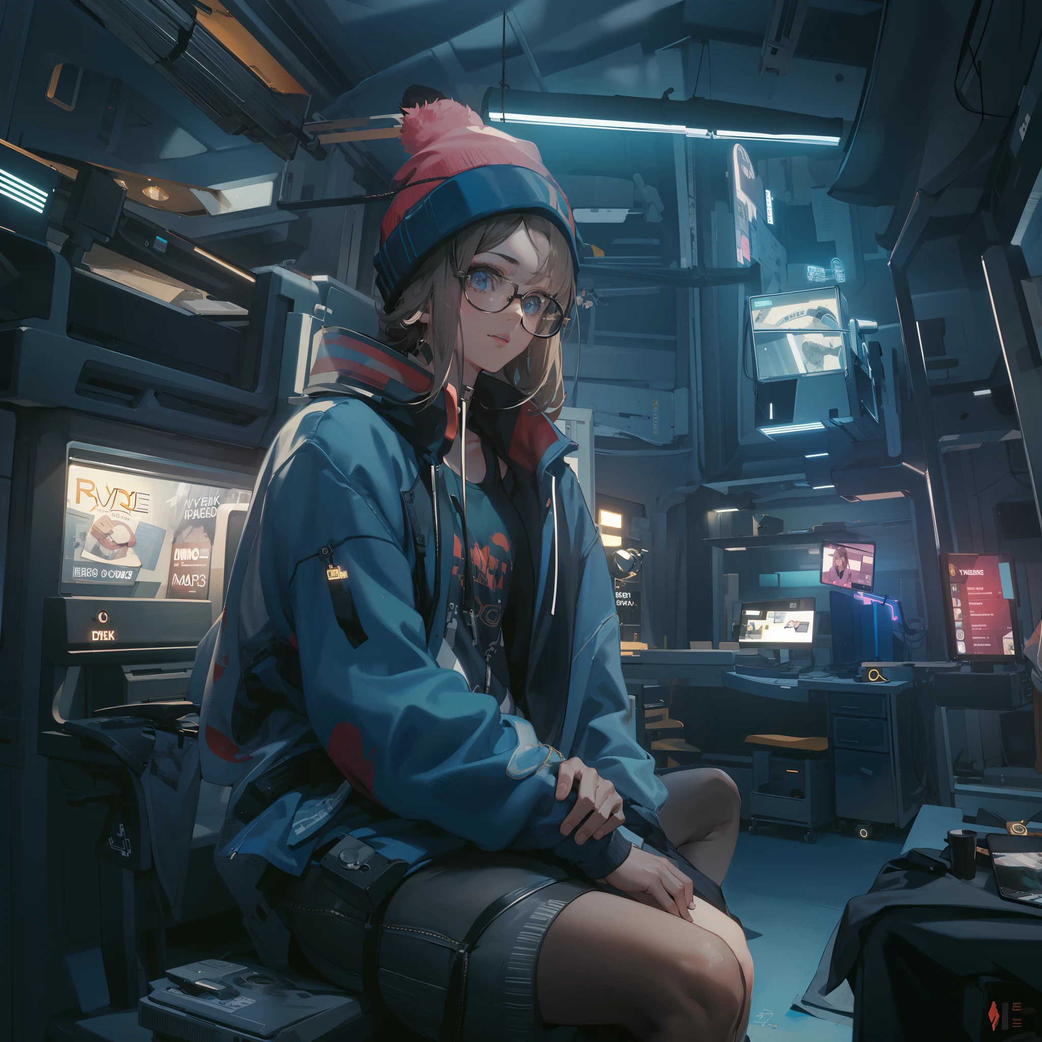 cyberpunked:1.6,Cyber City:1.8,Hi-Tech,High-tech townscape:1.8,Blowing in the wind:1.8,Wearing a knitted hat:1.8,Relaxing girl,dutch angle shot,full body shot,medium shot,High-tech room:1.6,Cyberpunk Room:1.8,(8K), (Raw photo: 1.2), (Realism: 1.4), (masutepiece: 1.3), (exquisite detailing: 1.2), Delicate and beautiful details, (Eye Detail), (Facial Detailed), (Highest Quality) :1.4), (Hyper-Resolution: 1.2), cinematric light, (very detailed illustration),Best Quality,depth of fields, Wide light, natural shadows