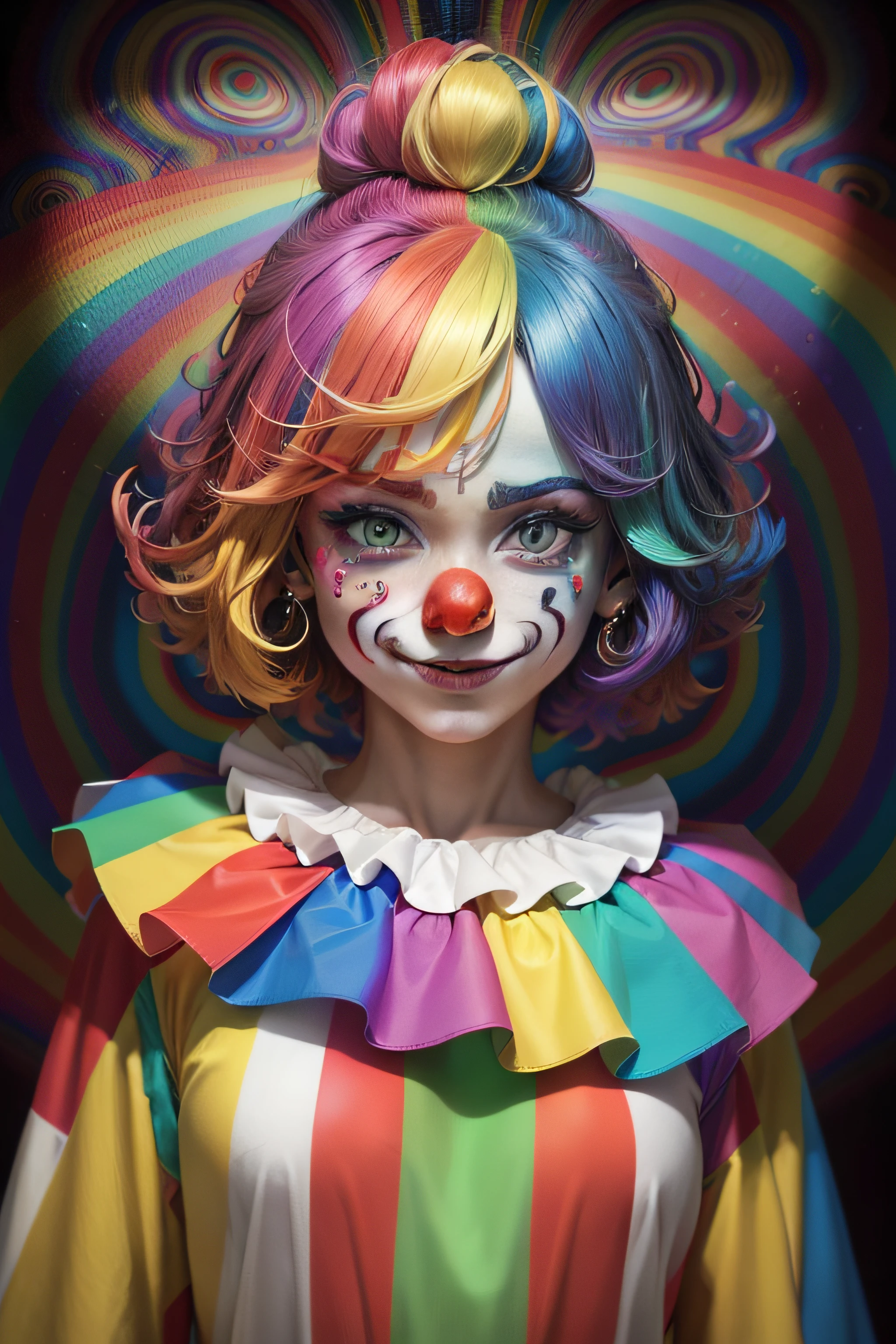 clown,sorrir, QG, quadrinhos , roupas de circo coloridas , Rainbow (cabelos ondulados multicoloridos:1.2),(Psychedelic world:1.4)