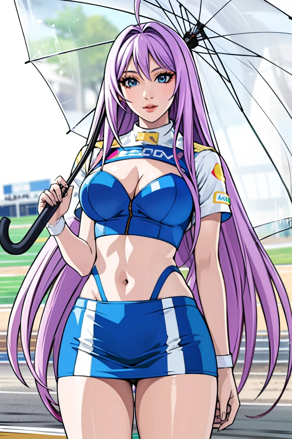 ((Formula One)), race track, miniskirt, crop top,background, perfect eyes:1.2, detailed eyes:1.4, very long hair, ahoge, cowboy shot, umbrellaLORA, holding umbrella, Maya-Natsume-KJ, race_queen, clothing cutout, looking at viewer, Ultra-realistic 8K CG, masterpiece, ((ultra-detailed background, delicate pattern, intricate details)), best quality, intricate details, 1girl, solo, (masterpiece:1.6, best quality),