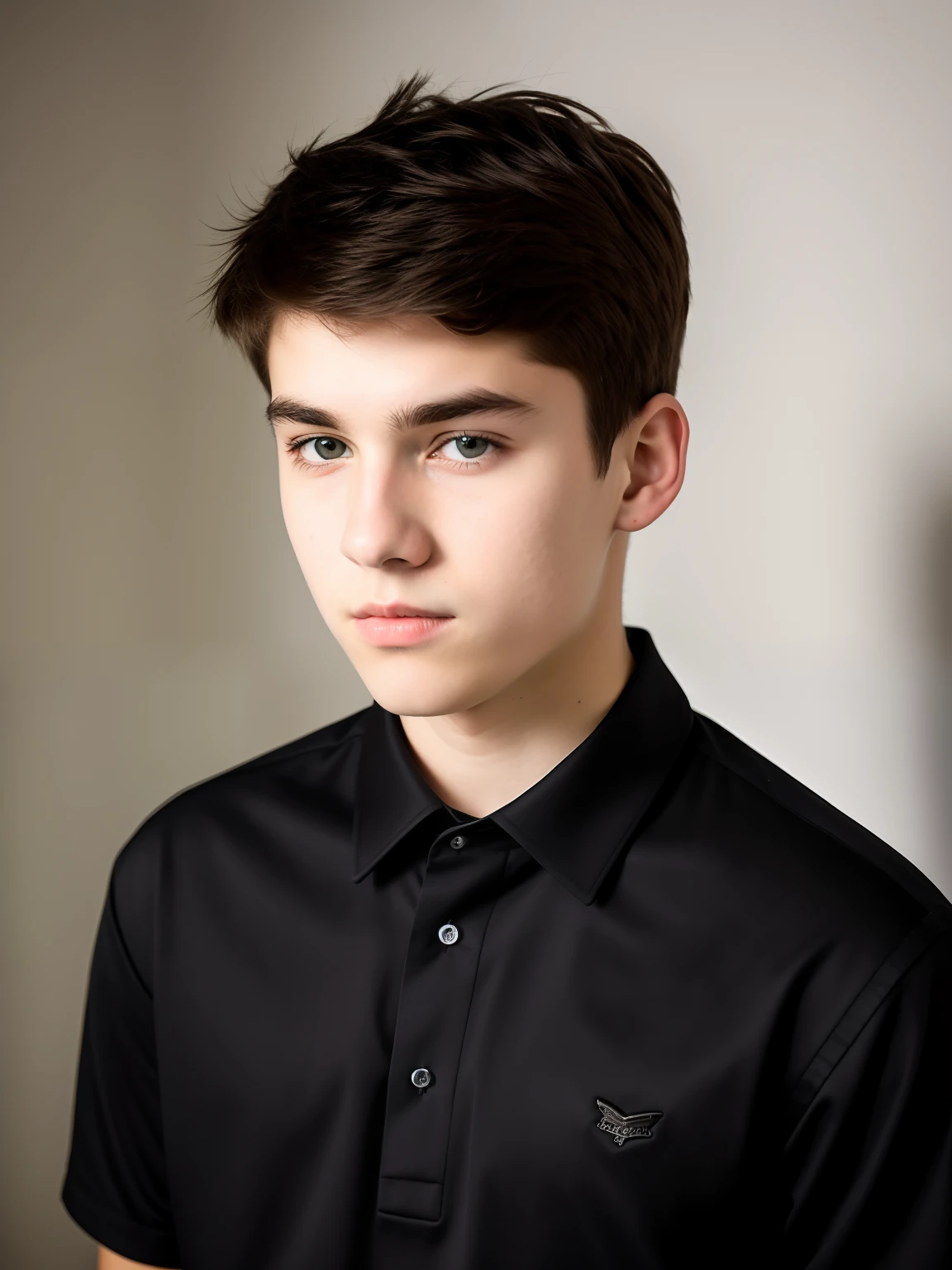 there is a young man with a black shirt and a black tie, portrait of 1 5 -  - old , boy with neutral face, portrait of 14 yearight face shot portrait, staring directly into camera, portrait a 1 5 - year - old boy, detd unblud face, portrait shot 8 k, looking away from camera