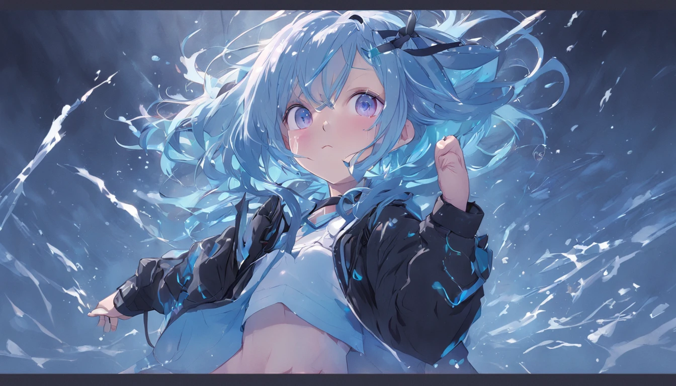 ((top-quality)), ((masterpiece)), ((ultra-detailliert)), (extremely delicate and beautiful), girl with, 独奏, cold attitude,((Black jacket)),She is very(relax)with the(Settled down)Looks,A dark-haired, depth of fields,evil smile,Bubble, under the water, Air bubble,bright light blue eyes,Inner color with light blue hair and dark blue tips,Cold background,Bob Hair - Linear Art, shortpants、knee high socks、White uniform like school uniform、Light blue ribbon ties、Clothes are sheer、Hands in pockets