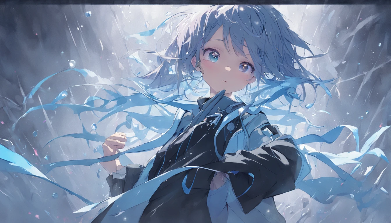 ((top-quality)), ((masterpiece)), ((ultra-detailliert)), (extremely delicate and beautiful), girl with, 独奏, cold attitude,((Black jacket)),She is very(relax)with the(Settled down)Looks,A dark-haired, depth of fields,evil smile,Bubble, under the water, Air bubble,bright light blue eyes,Inner color with light blue hair and dark blue tips,Cold background,Bob Hair - Linear Art, shortpants、knee high socks、White uniform like school uniform、Light blue ribbon ties、Clothes are sheer、Hands in pockets