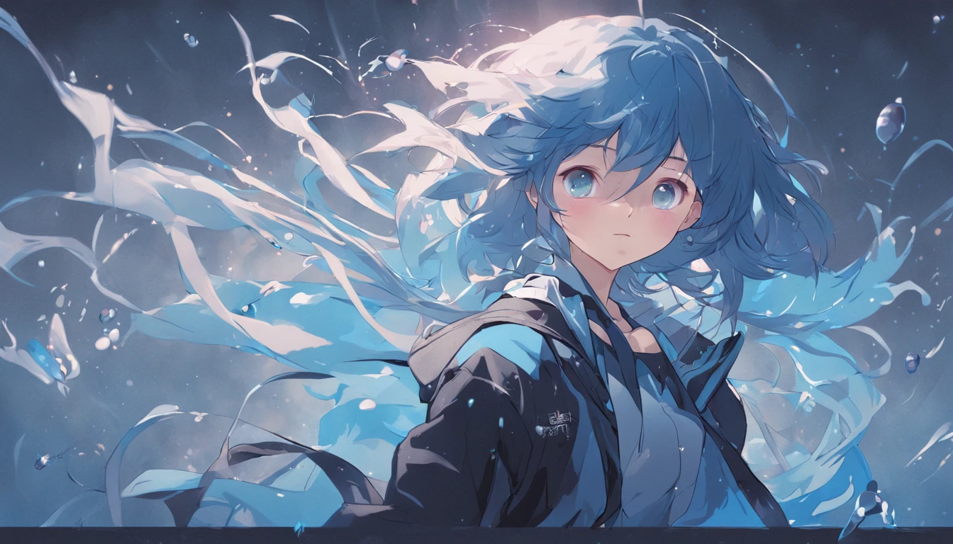 ((top-quality)), ((​masterpiece)), ((ultra-detailliert)), (extremely delicate and beautiful), girl with, 独奏, cold attitude,((Black jacket)),She is very(relax)with  the(Settled down)Looks,A dark-haired, depth of fields,evil smile,Bubble, under the water, Air bubble,bright light blue eyes,Inner color with light blue hair and dark blue tips,Cold background,Bob Hair - Linear Art, shortpants、knee high socks、White uniform like school uniform、Light blue ribbon ties、Clothes are sheer、Hands in pockets