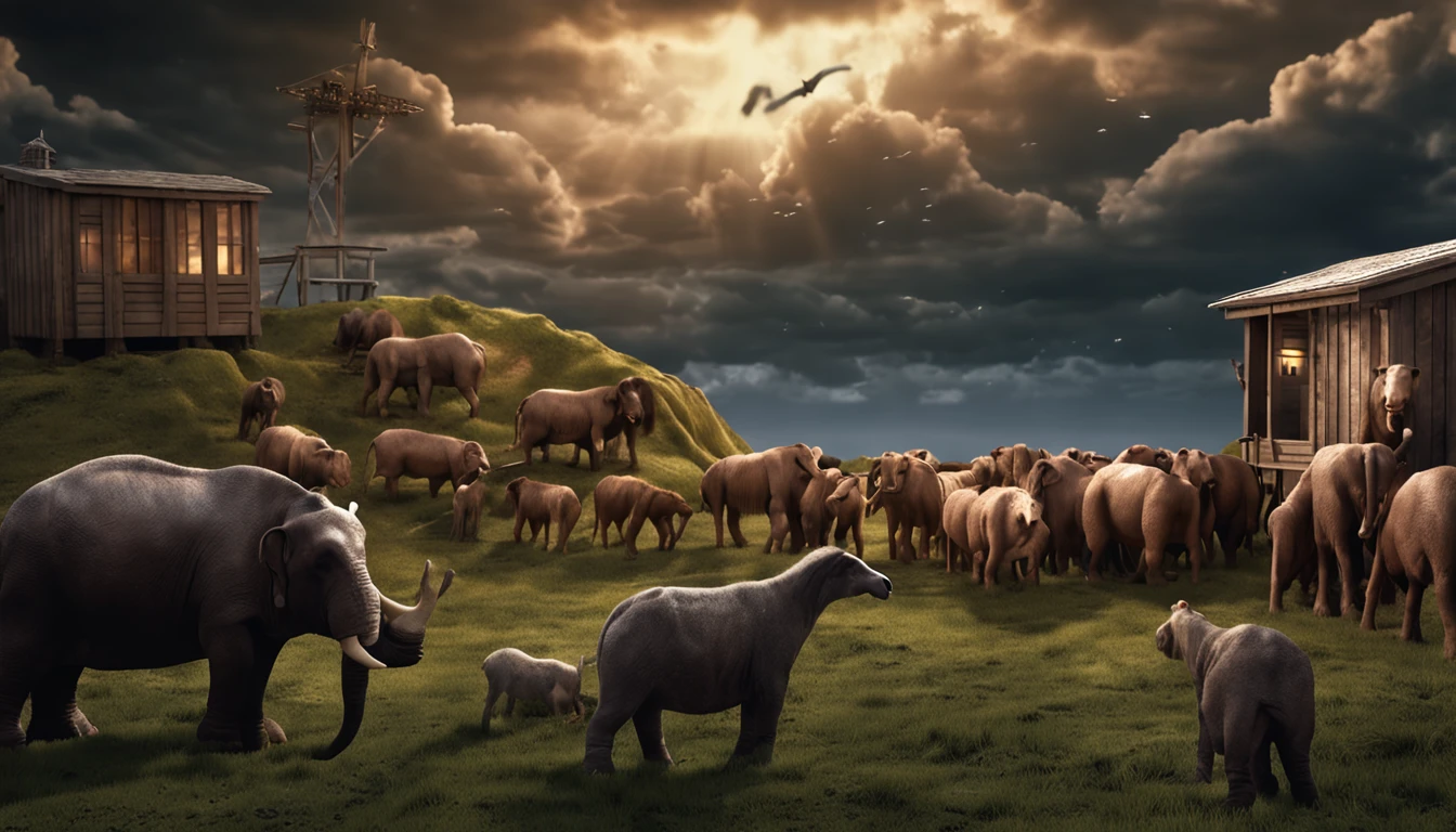 Noah next to the ark, Dark sky and many animals around the ark, ultrarealista