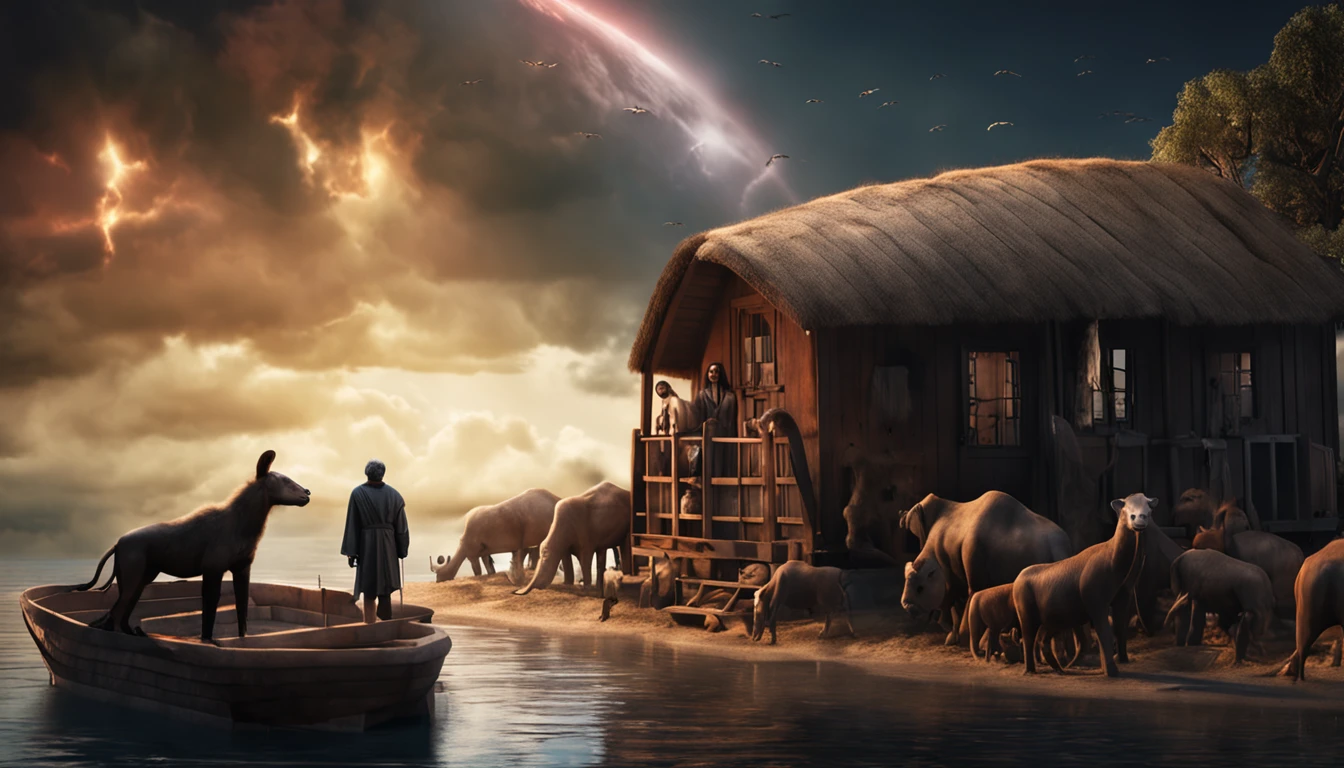 Noah next to the ark, Dark sky and many animals around the ark, ultrarealista