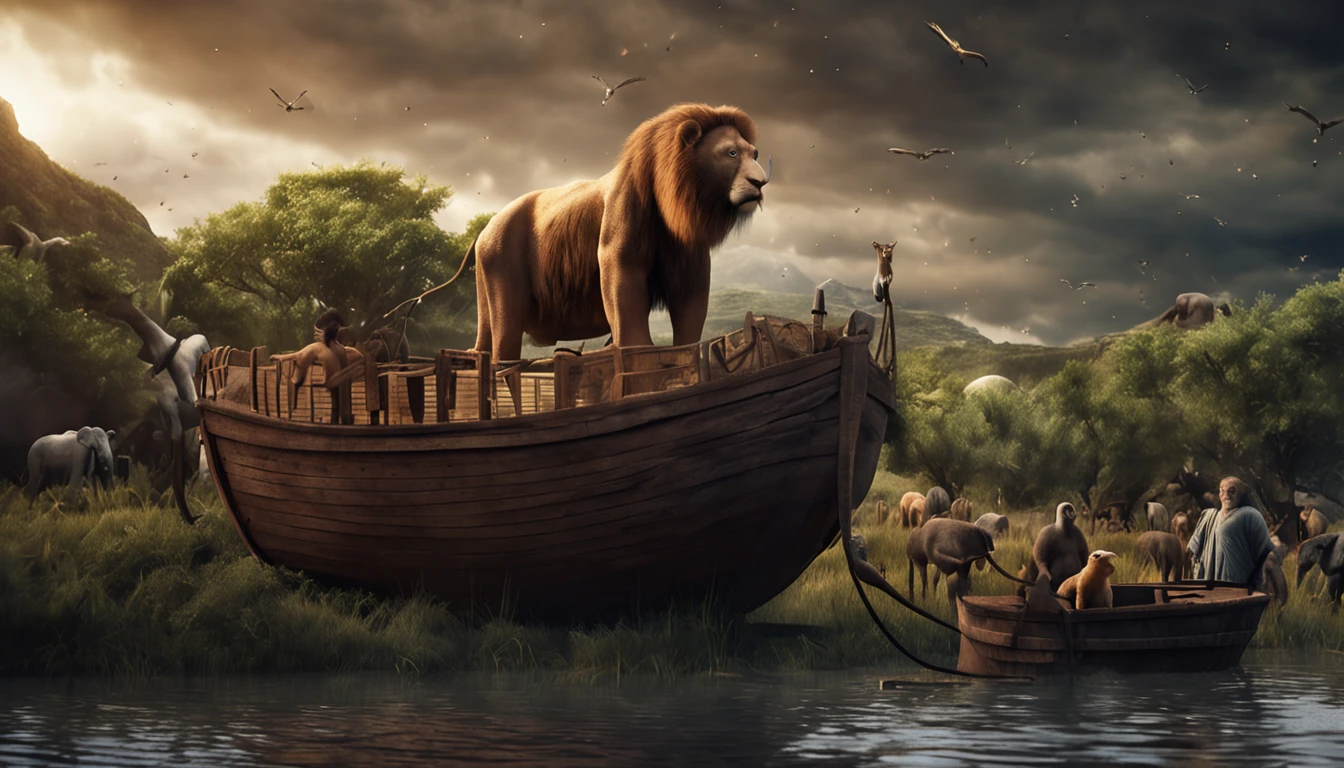Noah next to the ark, Dark sky and many animals around the ark, ultrarealista