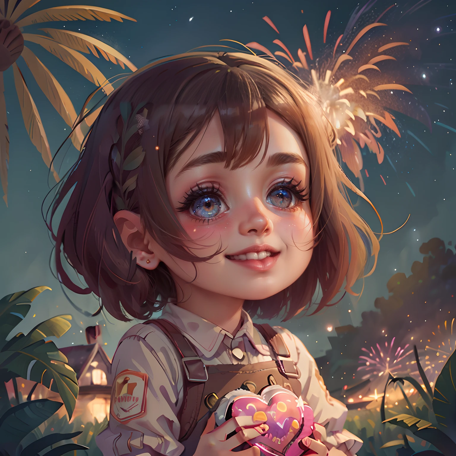 The girl smiled,More heart, Behind is the starry sky of the Milky Way,Beautiful fireworks in the background.