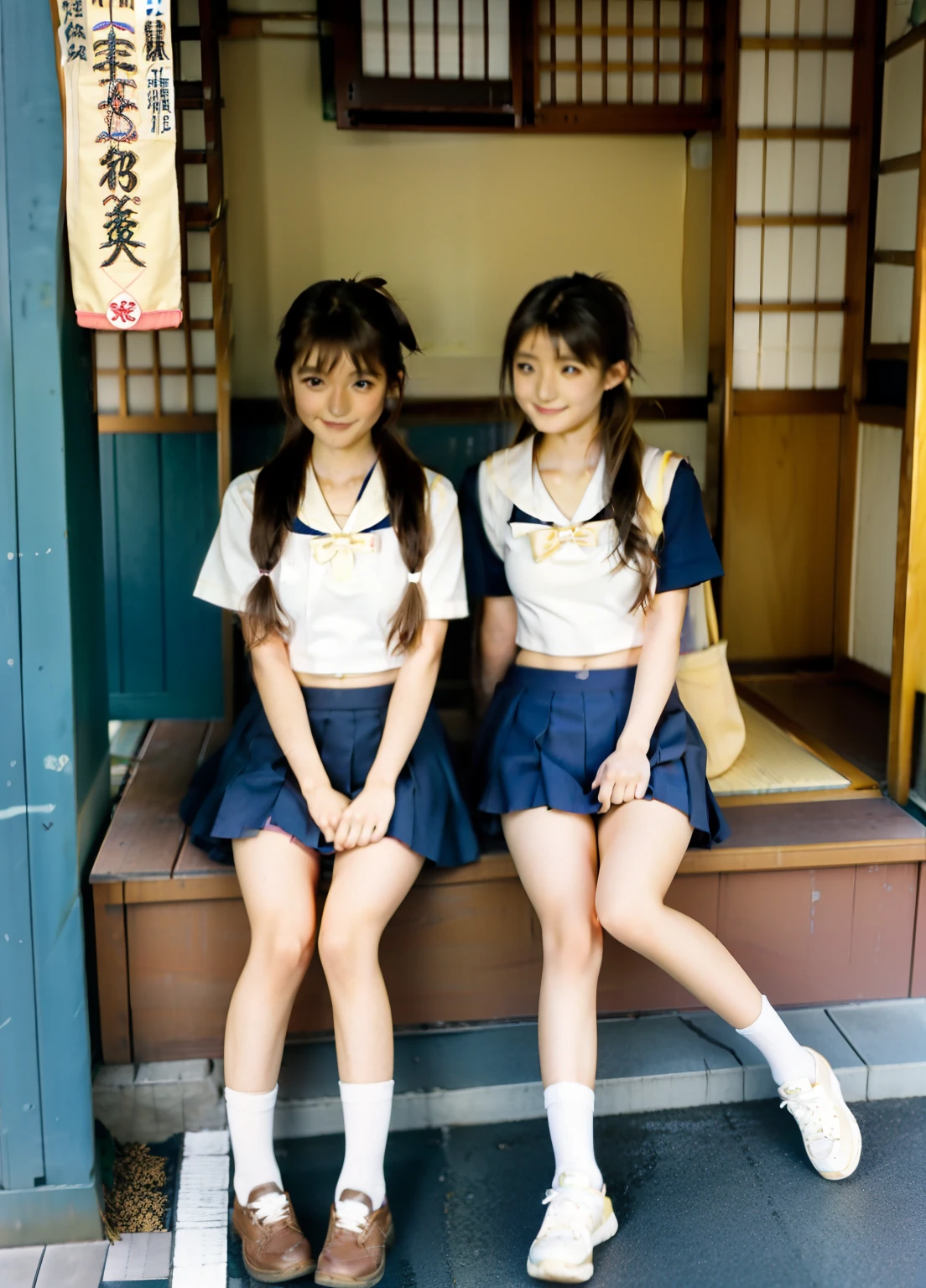 rialistic photo、Top image quality、Schoolgirl in sailor suit、a miniskirt、Two women sitting on a shelf, two japanese schoolgirls posing, knees up、girls resting, Stand your feet、White shorts、beautiful flaxen ponytail、Beautiful facial features、Beautiful belly button、wearing japanese school uniform, Japan school uniform, in a tokyo street, uhd candid photo of dirty, ayami kojima and lyde caldwell, Two girls, sitting in tokyo, Cute Girls, japanese city street fashion