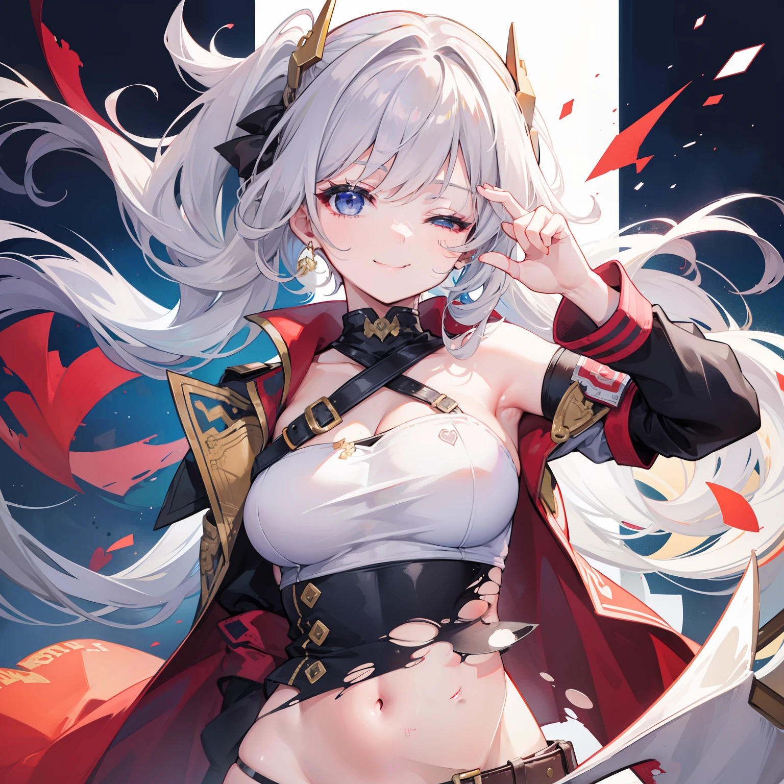 1girl, (one eye closed), smiling, critical condition, (torn clothing)