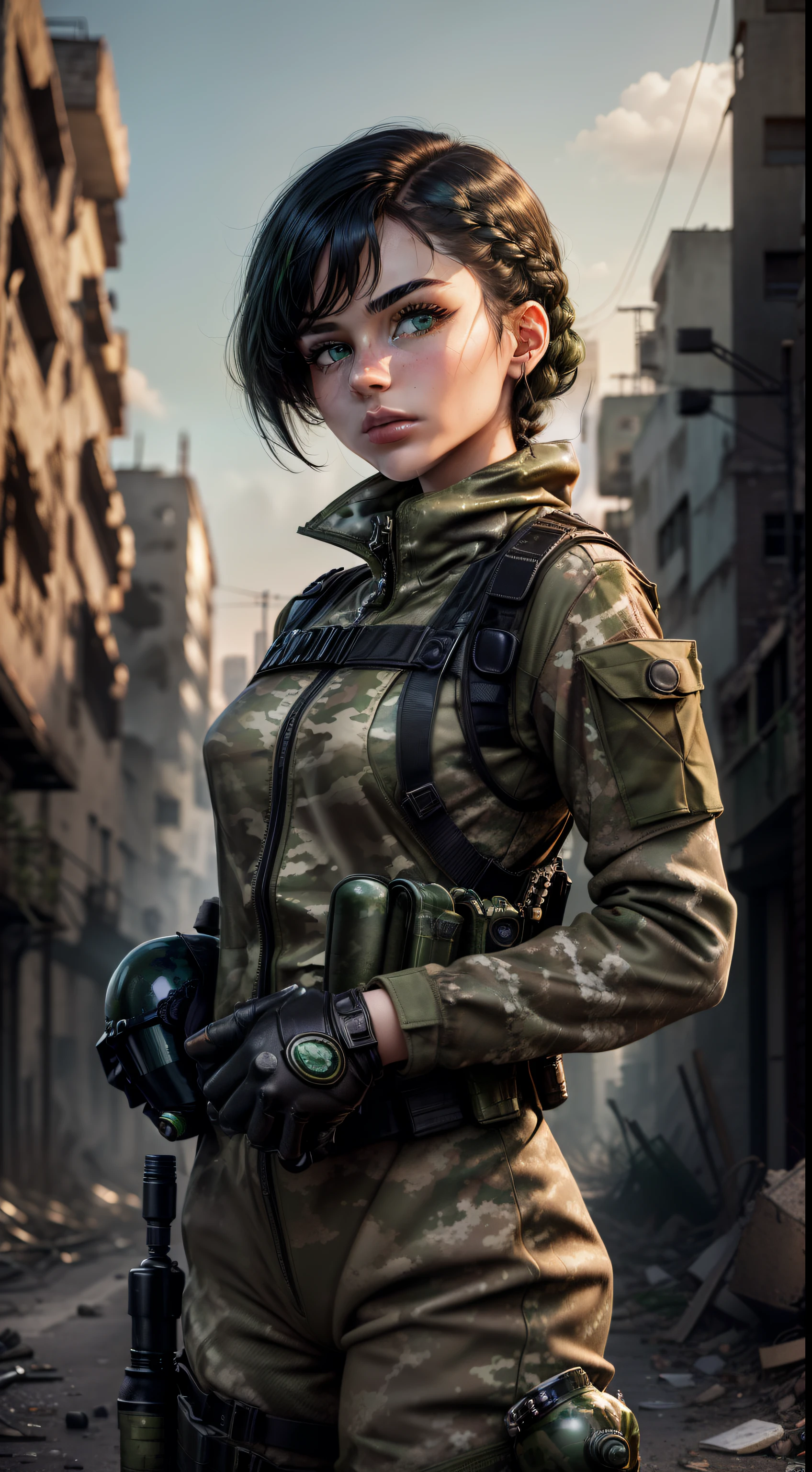 (((masterpiece, best quality))), 1girl, 18 year old, (((caucasian))), (((emerald green eyes))), ((perfect lips)), ((perfect nose)), (((perfect hands))),(((very detailed hands))), (((perfect fingers))), (((perfect eyes))),(((black hair, short hair, straight hair, small braid in her hair))), (((wearing: camouflage suit, camouflage helmet, bulletproof vest, ammo belt, camouflage glove, radio, grenades))), background a post-apocalyptic cityscape with crumbling buildings and overgrown vegetation creates a dystopian atmosphere, ((blurry background)), ((confident)), (((Pose:looking at the camera)))