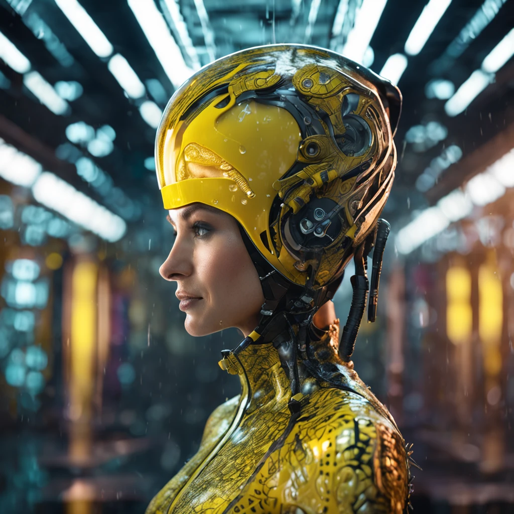 (professional 3d render:1.3) af (Realistic:1.3) most beautiful artwork photo in the world, woman wearing an ornate curved mask and yellow and black patterned and contoured organic costume with glass dome visor in the pouring rain, wet surface textures with water droplets, organic flowers and plants, dynamic glamor pose holding exquisite engraved space gun, alien woman, as a futuristic heroine, vespertine, futuristic clothing and glass, movie still, fashionable futuristic woman, H.R.Giger, Simon Stalenhag, female alien, alien girl, of a futuristic woman selk'nam. avante garde design stylings inspired by yellow and black squares and curves(Intricate:1.4), decadent, (Highly detailed:1.4), Digital painting, rendering by octane, art stations, concept-art, smooth, Sharp focus, illustration, Art germ, (loish:0.23), wlop ilya kuvshinov, and greg rutkowski and alphonse mucha gracias, (Global illumination, Studio light, volumettic light), heavy rain, particles floating, lotr, fantasy, elf, full body, ((Dark and ancient city background:1.3)),CGSesociety,art stations