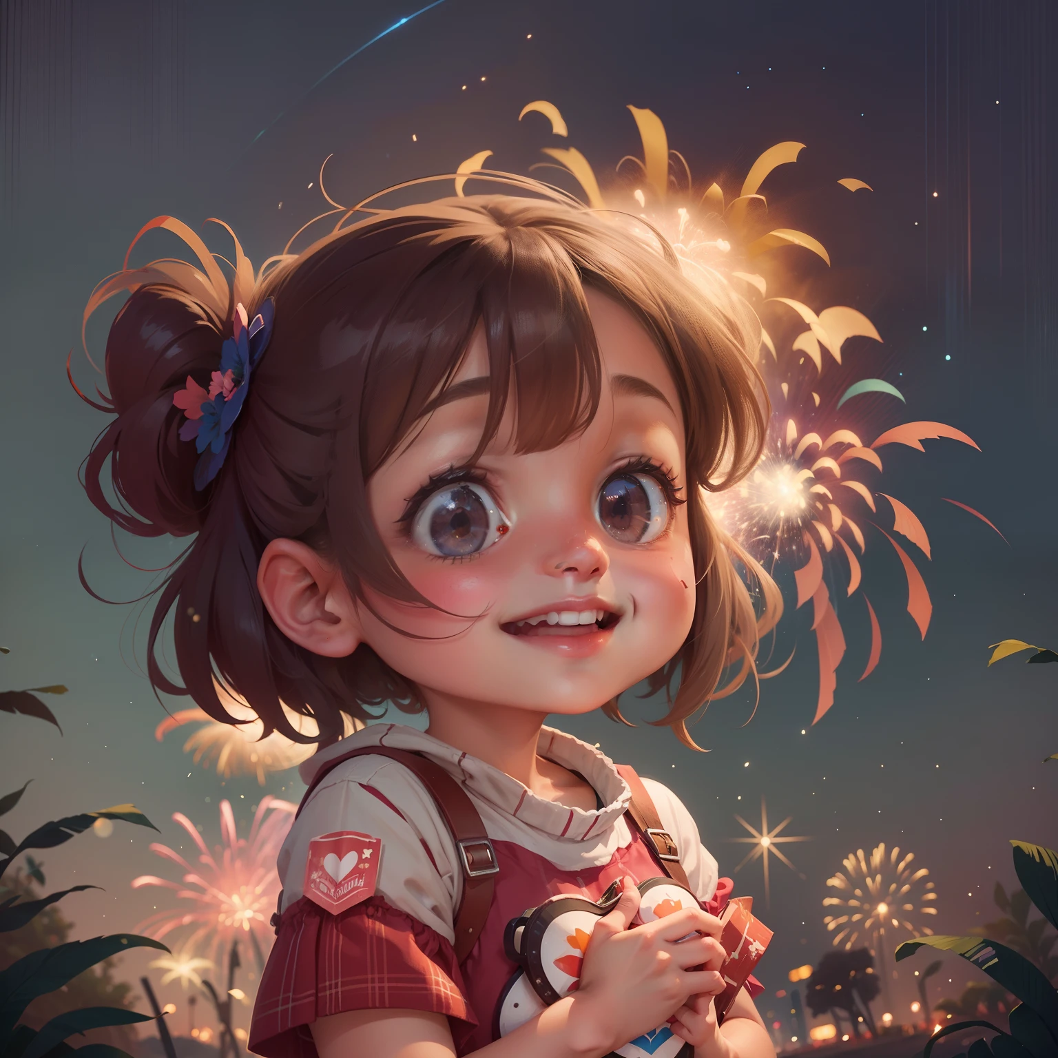 The girl smiled and held many hearts, Behind is the Milky Way starry sky，Beautiful fireworks in the background.
