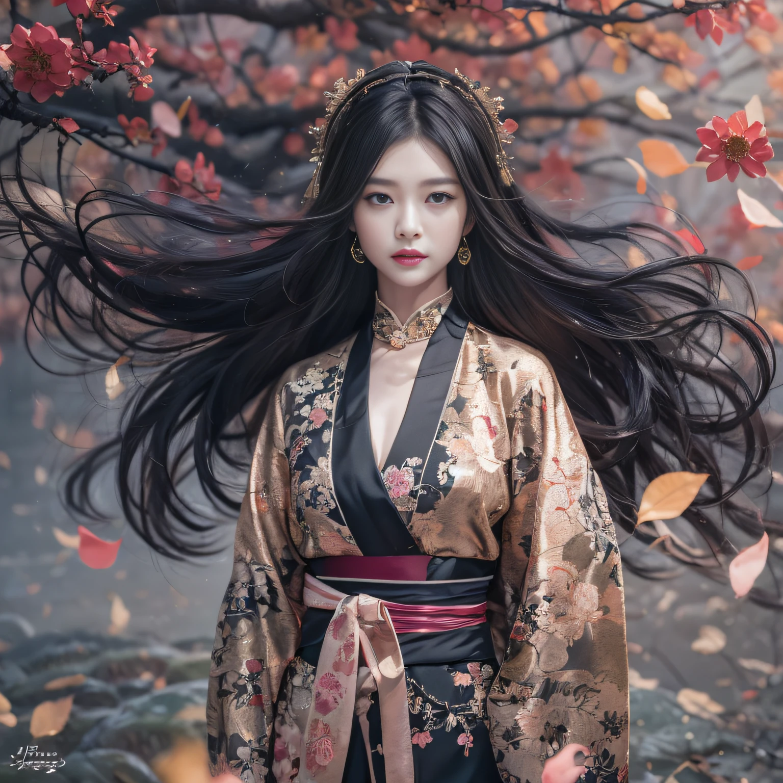32K（tmasterpiece，k hd，hyper HD，32K）Long flowing black hair，ponds，zydink， a color，  Xuzhou people （Silly girl）， （Silk scarf）， Combat posture， looking at the ground， long whitr hair， Floating hair， Carp pattern headdress， Chinese long-sleeved clothing， （abstract ink splash：1.2）， Pink petal background，Pink and white lotus flowers fly（realisticlying：1.4），Black color hair，Fallen leaves flutter，The background is pure， A high resolution， the detail， RAW photogr， Sharp Re， Nikon D850 Film Stock Photo by Jefferies Lee 4 Kodak Portra 400 Camera F1.6 shots, Rich colors, ultra-realistic vivid textures, Dramatic lighting, Unreal Engine Art Station Trend, cinestir 800，Long flowing black hair