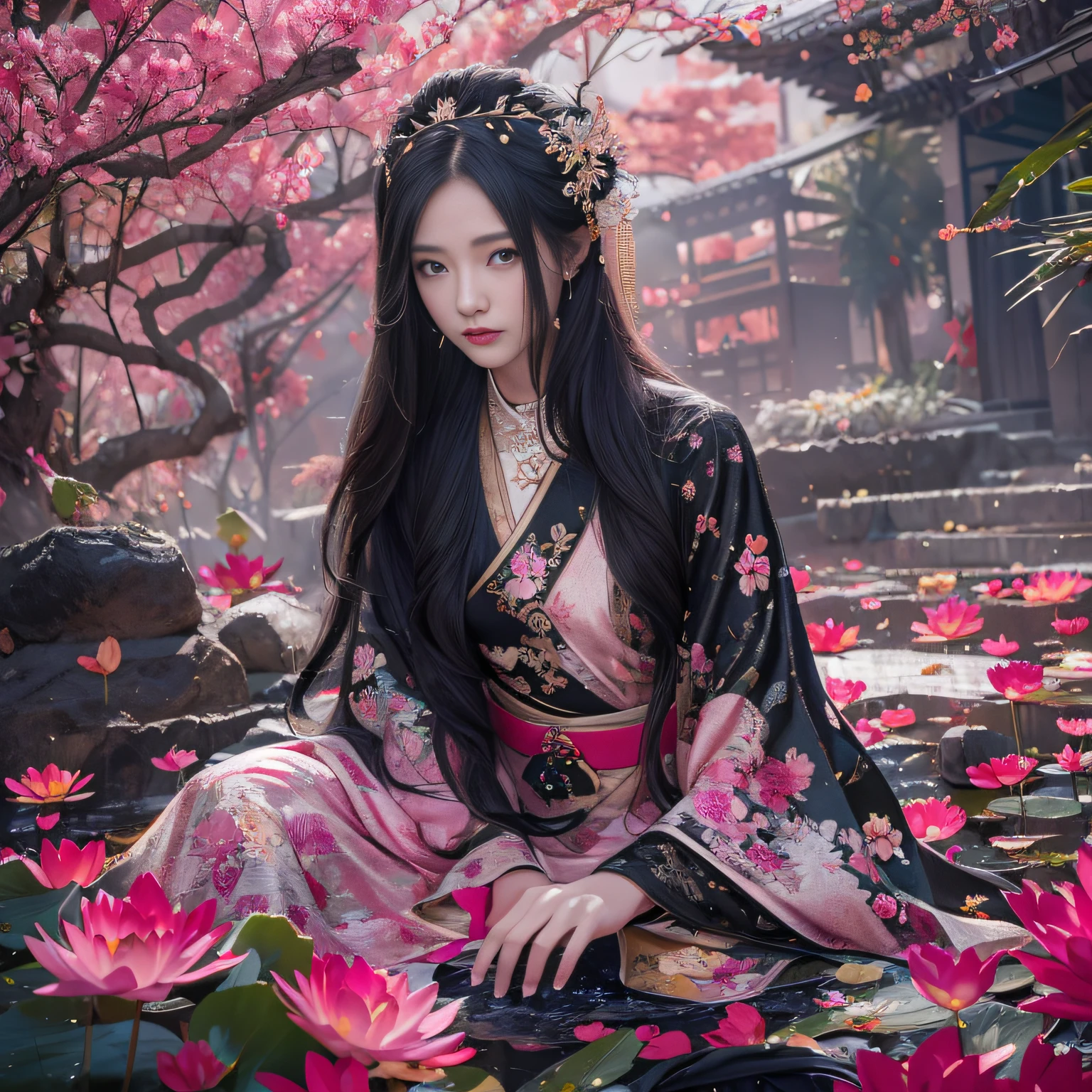 32K（tmasterpiece，k hd，hyper HD，32K）Long flowing black hair，ponds，zydink， a color，  Xuzhou people （Silly girl）， （Silk scarf）， Combat posture， looking at the ground， long whitr hair， Floating hair， Carp pattern headdress， Chinese long-sleeved clothing， （abstract ink splash：1.2）， Pink petal background，Pink and white lotus flowers fly（realisticlying：1.4），Black color hair，Fallen leaves flutter，The background is pure， A high resolution， the detail， RAW photogr， Sharp Re， Nikon D850 Film Stock Photo by Jefferies Lee 4 Kodak Portra 400 Camera F1.6 shots, Rich colors, ultra-realistic vivid textures, Dramatic lighting, Unreal Engine Art Station Trend, cinestir 800，Long flowing black hair