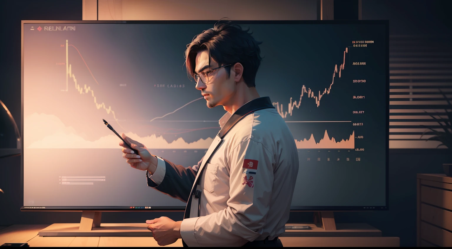 (Digital Painting)、(top-quality)、Man giving lecture in front of big chart screen、games、Man explaining price movements、trader、Currency chart monitoring、FX、exchange、Ukiyo-e Art Style、Hokusai's inspiration、Popular deviant art、8K Ultra Real、Pastel Color Schemes、Soft lighting、vibrancy