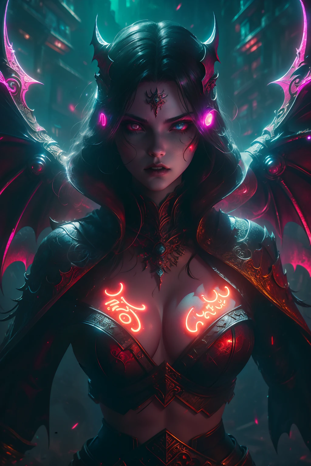 high high quality,Best quality at best,Realiy,Super realistic,super detailing,tmasterpiece,A high resolution,8K,Very realistic,Hellbringers,red - eyed,Meniscus,Close-up of a girl with a sword and a vampire, Dark black cloak,比基尼,glitchpunk girl,pale milky white porcelain skin, Vampires,Smooth translucent white skin, small thighs,Small waist,Small hips,cropped shoulders,Nice collarbone,ultra-realistic realism,big breasts exposed cleavage,The upper part of the body,,Wear a bikini,Tattooed with,red color eyes,gothic art style,((Bat wings)),Epic fantasy digital art style,A noble and elegant vampire girl, dan mumford tom bagshaw, dark fantasy style art, Epic fantasy art style, , dark fantasy art style, Epic fantasy art style HD, dark fantasy digital art,"Artistic image type: {Perched on the top of the cybernetic dragon, Vampire Maiden investigates the vast cyber metropolis below. Infused with neon lights, Contrast her technically enhanced body, Embedded LEDs and retractable technology weapons shine. In a striking pose, She seemed ready to act, A fusion of ancient legends and visions of the future}, Excellent location,with city view, (Vibrant neon lighting:1.5), (Digital painting:1.25), (4K:1.2). environment: panoramic view of a city,Bats fly across the skyline."