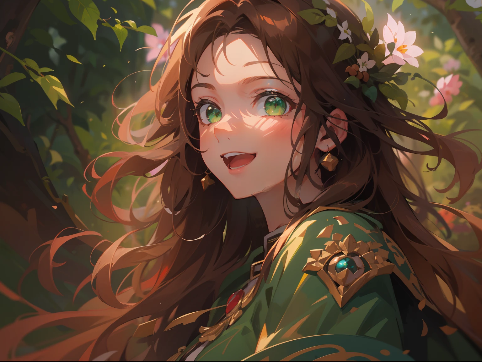 (masterpiece), (best quality), ultra high res, sharp focus, ((1 woman, solo)), upper body, dutch shot, beautiful detailed hair, chestnut brown hair, long hair tumbles down, beautiful detailed face, ((beautiful shape eyes, green eyes)), perfect feminine face, based on goddess Psyche, smiles at the viewer