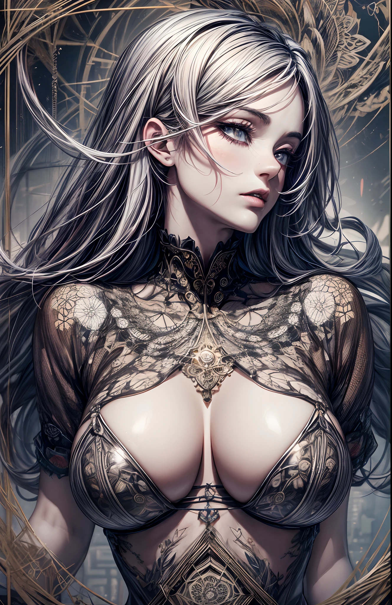 Official art, Unity 8k壁纸, ultra-detailliert, Beautiful and aesthetic, masutepiece, Best Quality, (Zentangle, mandalas, Tangle, Entangle), (Fractal Art:1.3) , 1girl in, Big Breast, Extremely detailed, Dynamic Angle, cowboyshot, Most Beautiful Form of Chaos, Elegant, a brutalist designed, vivd colour, romanticism, Atmospheric, ecstasy of musical notes, streaming musical notes visible