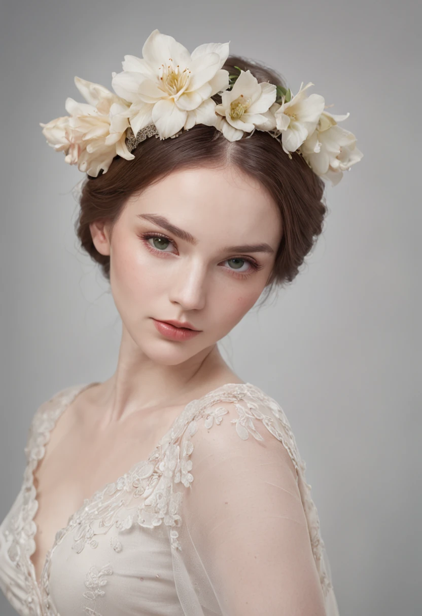 RAW photograph, a close up of a woman with a veil and a flower in her hair, soft portrait shot 8 k, soft flawless pale skin, soft portrait, beautiful portrait photo, natural soft pale skin, beautiful portrait image, very beautiful portrait, lovely delicate face, portrait soft light, impossibly beautiful portrait, beautiful delicate face, realistic portrait photography, color photograph portrait, (((original face features)), holographic make up, dark lips, DD/lg, 4k