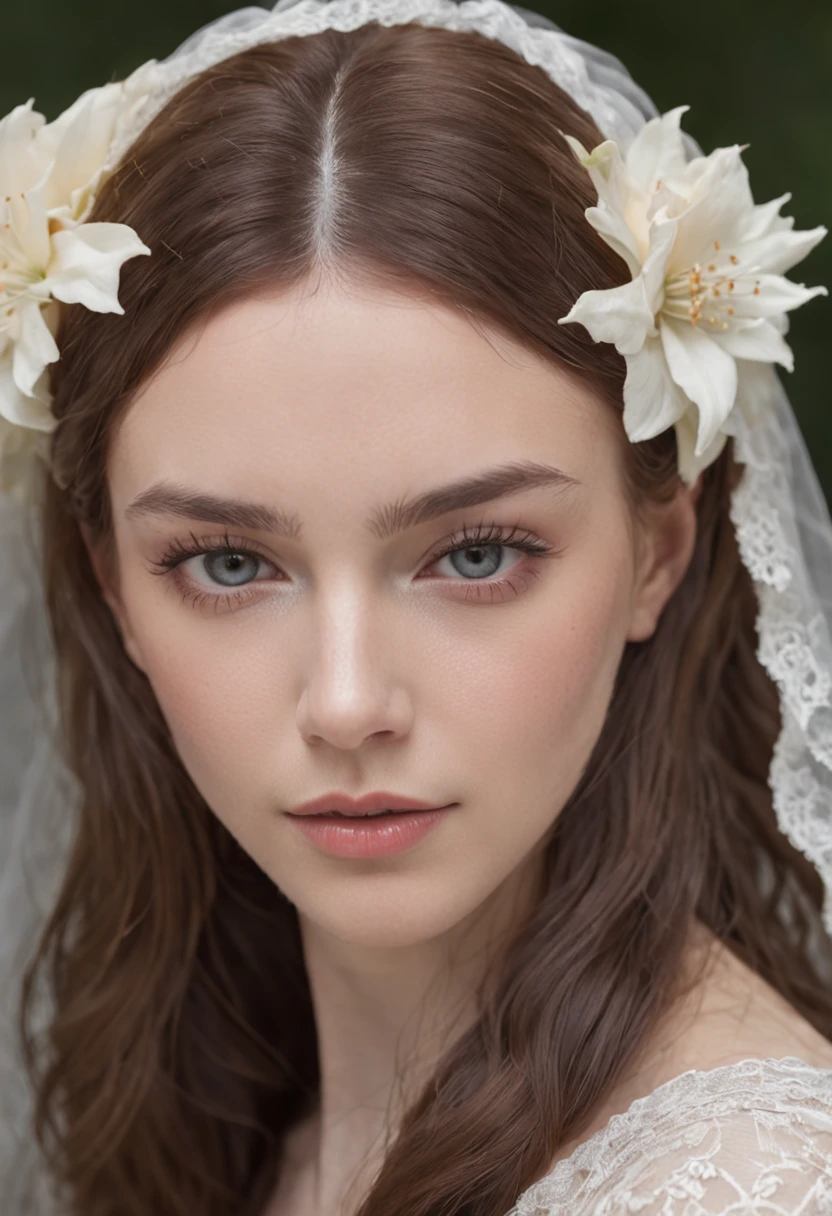 RAW photograph, a close up of a woman with a veil and a flower in her hair, soft portrait shot 8 k, soft flawless pale skin, soft portrait, beautiful portrait photo, natural soft pale skin, beautiful portrait image, very beautiful portrait, lovely delicate face, portrait soft light, impossibly beautiful portrait, beautiful delicate face, realistic portrait photography, color photograph portrait, (((original face features)), holographic make up, dark lips, DD/lg, 4k