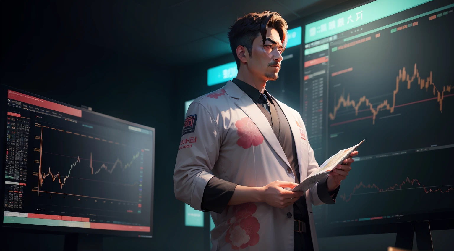 (Digital Painting)、(top-quality)、Man giving lecture in front of big chart screen、games、Man explaining price movements、trader、Currency chart monitoring、FX、exchange、Ukiyo-e Art Style、Hokusai's inspiration、Popular deviant art、8K Ultra Real、Pastel Color Schemes、Soft lighting、vibrancy