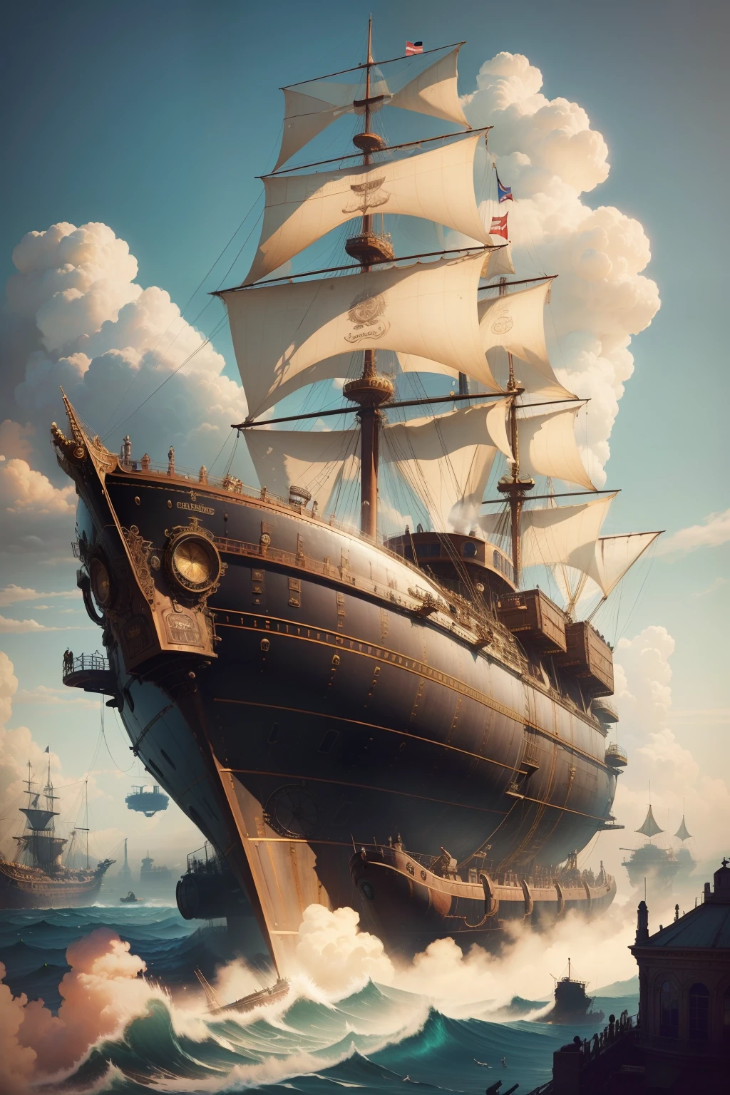 A large steam ship hovers in the air, Steampunk airship, Steampunk airship, steampunk concept art, Steampunk Zeppelin, detailed steampunk illustration, Steampunk airship!!!!!!!, steampunk fantasy style, Steampunk submarine!, steampunk digital art, High-quality steampunk art, steampunk illustration, digital steampunk art, steampunk world, steampunk art, 3d rendered steampunk, steampunk fantasy