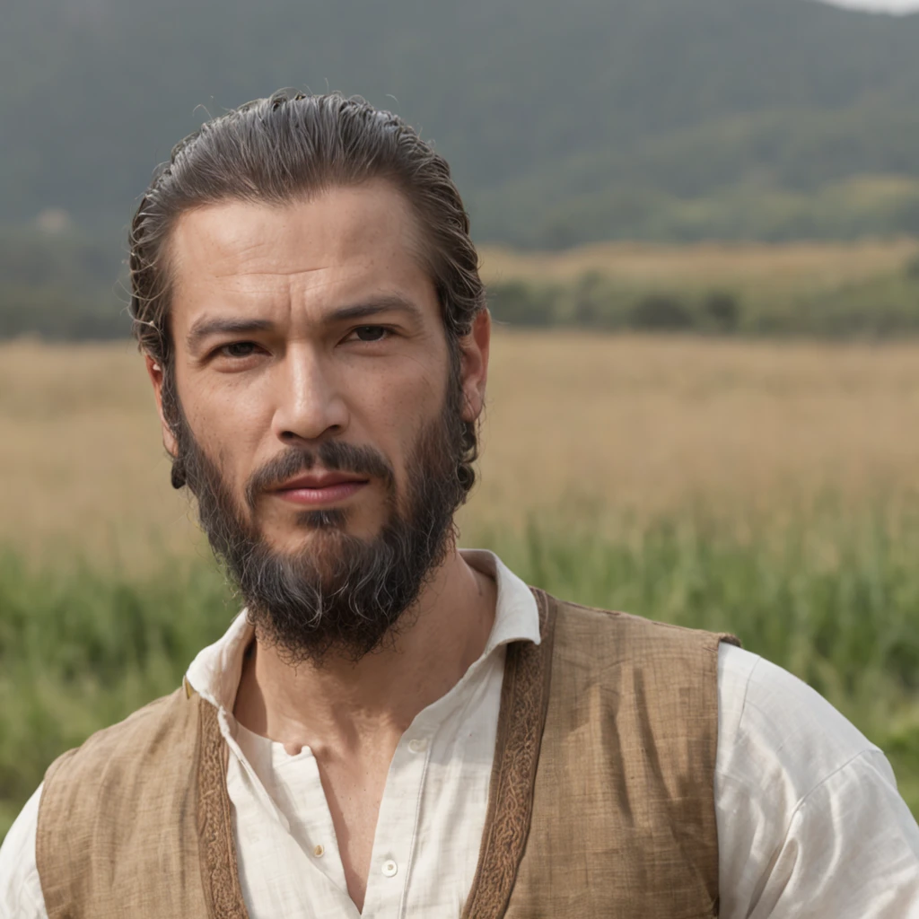 (Professional 3D rendering:1.3) de (Realistic:1.3) foto de arte mais bonita do mundo,((epic hero, rough fantasy, hero, olhar gentil, sorrindo com o canto da boca, Cabelos Longos, Large beard and strong expression in dynamic pose, strolling in the barley plantation, Location in the barley field on the right side, majestoso ambiente desordenado)), (roupas de um rei, ((Wear a crown on your head)); manto majestoso, White tunic and white linen shirt:1.4); corpo inteiro 8k unidade render, action shot, poros da pele, very dark lighting, sombreamento pesado, circunstanciado, rosto detalhado, (Vibrando, fotografia realista, Realistic, Dramatic, Escuro, foco nítido, 8k), (intrincado:1.4), decadente, (altamente detalhado:1.4), Pintura digital, conceito-arte, liso, foco nítido, illustration, germe da arte, (Loish:0.23), (global ilumination, studiolight, light volumetric), floating particles, fantasia, corpo inteiro.