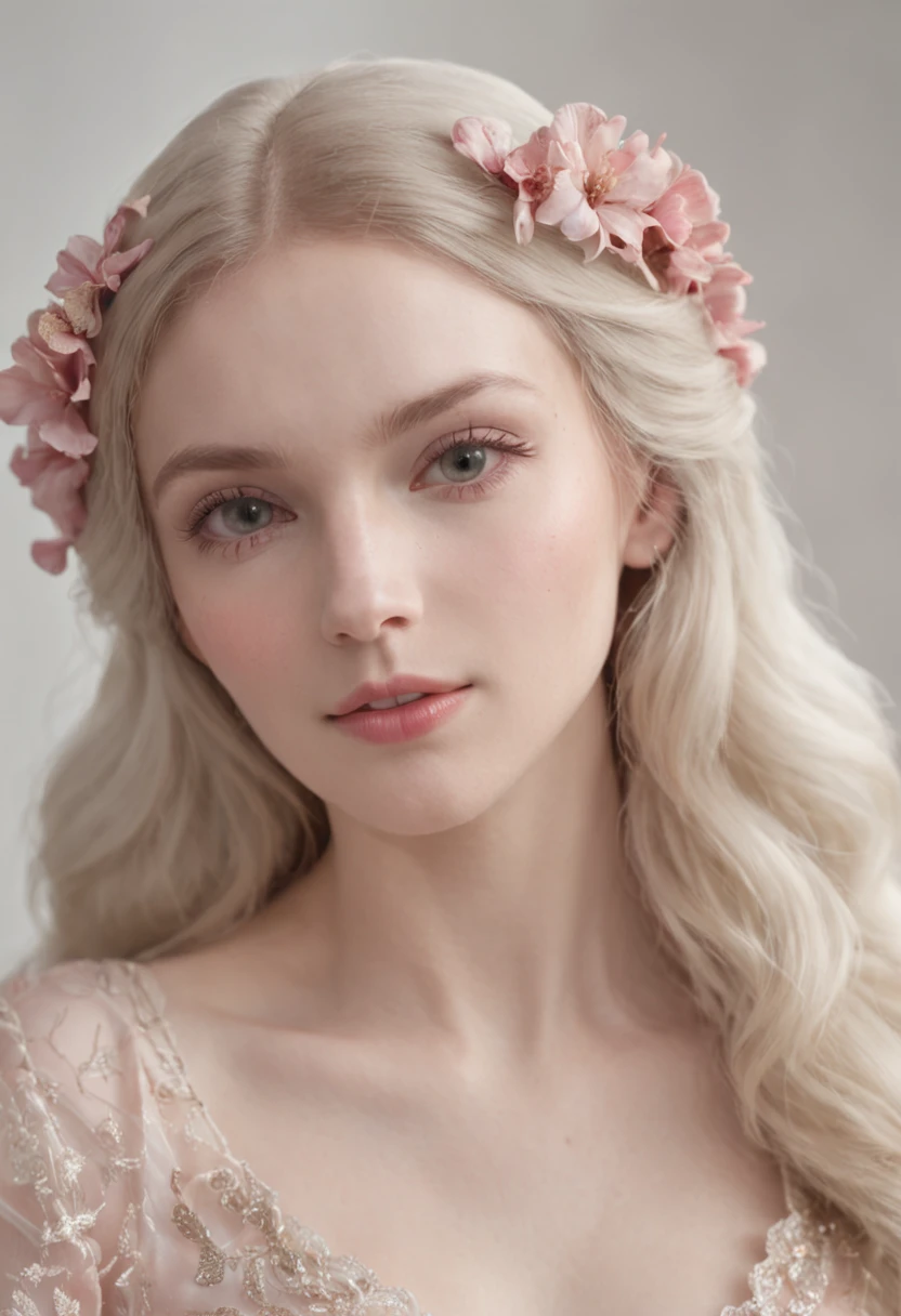 masterpiece, best quality, RAW portrait photograph, high quality picture of a 18 yo english woman, a bacchante, photorealistic, cinematic, dramatic, perfect face, well formed facial features, calm peaceful happy expression, sexy, sensual, glowing pale white skin, long loose flowing fair hair, hair ornament, small breasts, perfectly formed breasts, beautiful iridescent patterned dark pink grecian style dress, arm band, bracelet, necklace, jewels, interior bedroom, sargent, jw waterhouse ,