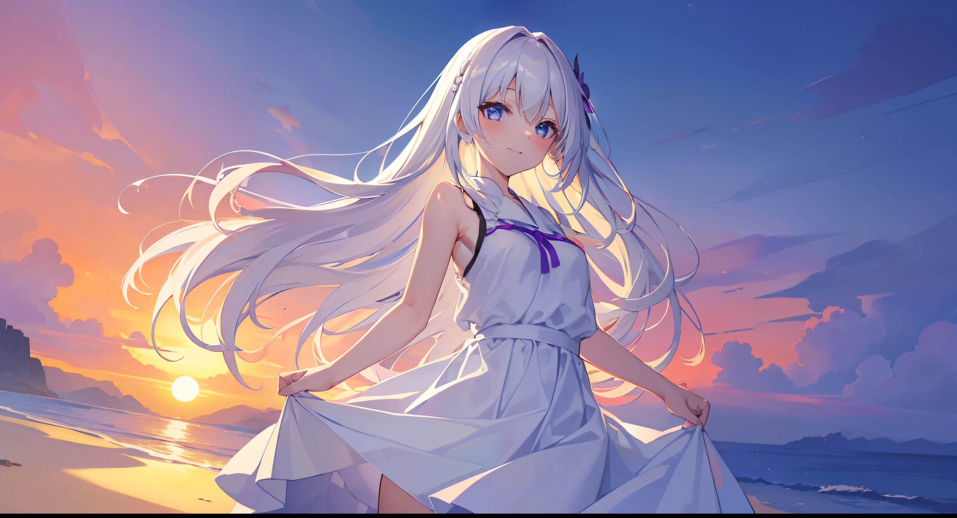 (masutepiece, Best Quality, hight resolution:1.4), 1girll, ((Unity 8k壁纸, Illustration, , Beautiful and delicate detailed girls)), Small breasts, , Smile,girl, Long hair, White hair, Blue eyes,close-up,against backlight at dusk,, strong rimlight, Intense shading, Beautiful purple sunset on the beach,White long skirt,Leaning forward,