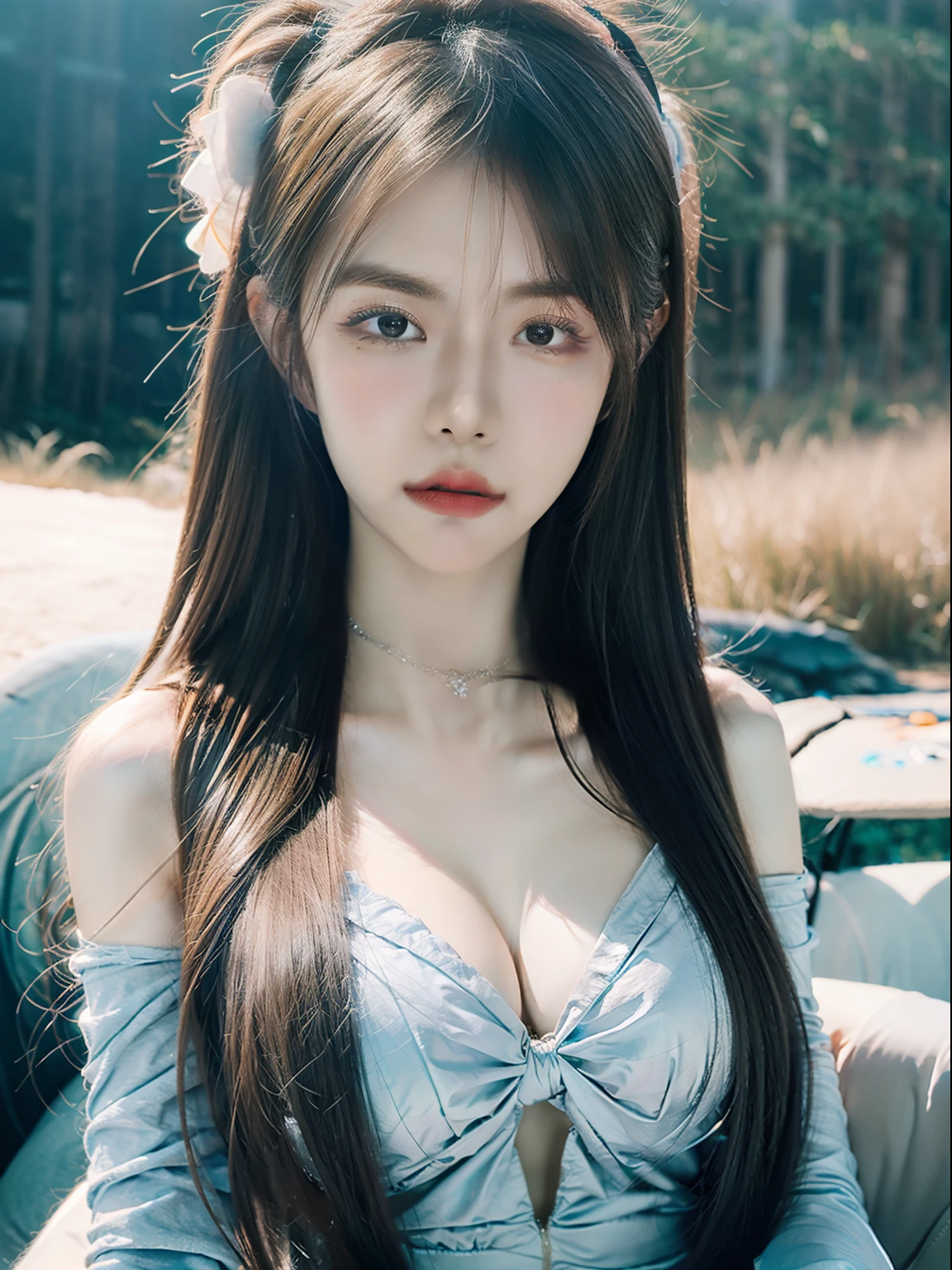 “(((Charming woman in surreal dream landscape))),sobu,Ethereal atmosphere,Digital artwork,ultra-realistic realism,Frozen landscape,8K分辨率,tmasterpiece,closeup cleavage,Composing music:Li Zhonggen。”