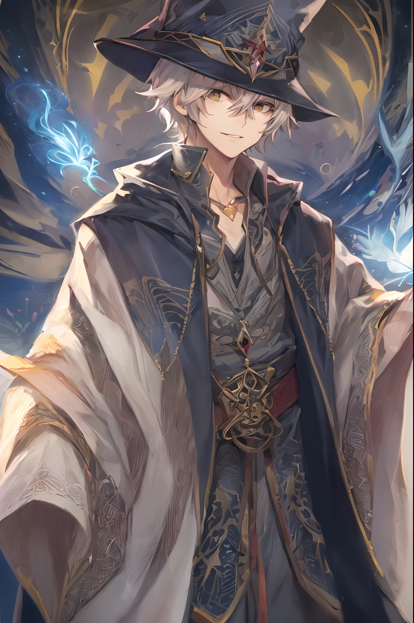 ((anime style, anime,)) ((grand wizard and a master of magic)), ((mage robes and hat)), ((mature male)), ((early 20s)), toned, ((wizard male)), 1boy, Masterpiece, absurdres, fine detail, HDR, FH, solo, upper body, charming expression, ((short hair)),