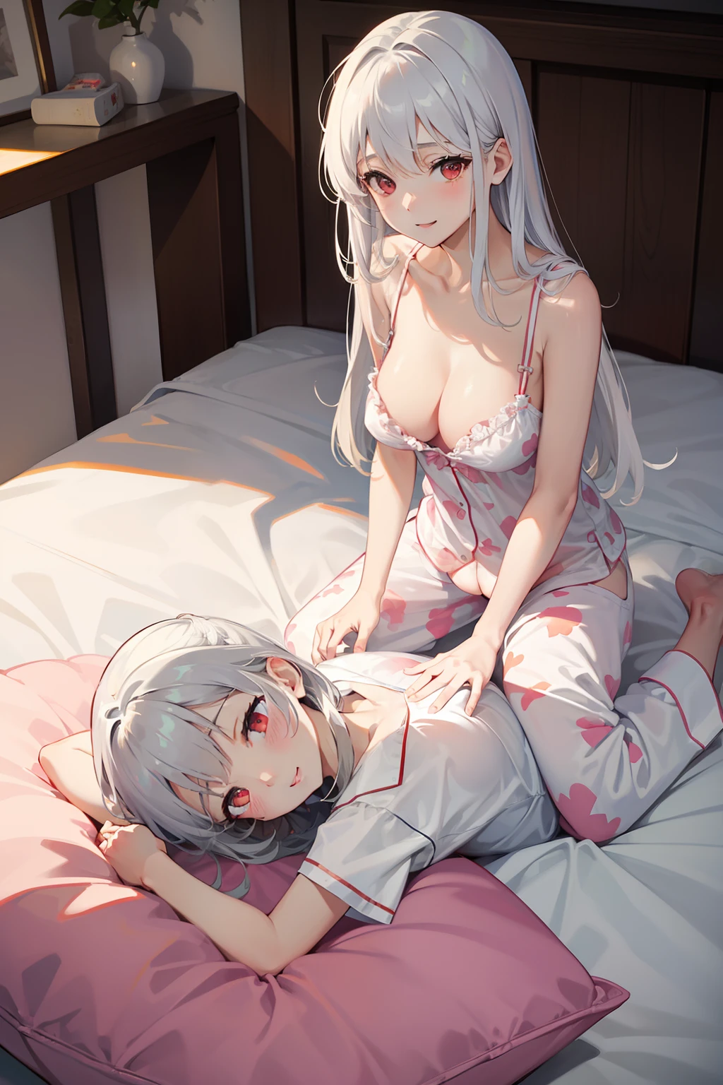 masterpiece、top-quality、2 girls in、a bed、laying on back、co-sleeping(pyjamas:1.2), white hair,Red Eyes,(s Pajamas:0.8), (耳Nipple Ring:0.7),(middlebreasts:1.4), (a smile:0.8)