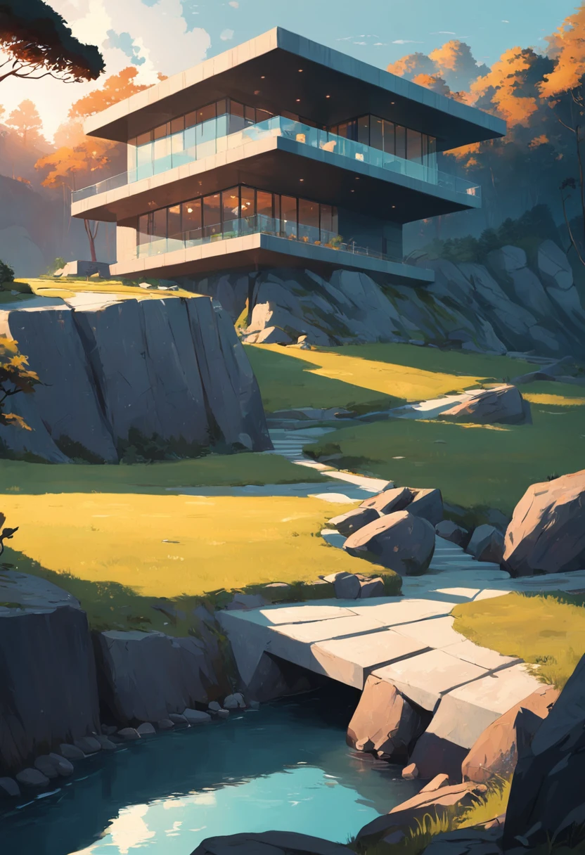 (((An amazing house))), (minimalism and brutalism style influence), (((with terraces))), (beautiful gardens), ((pool)), ((in top of big boulders)), (in edge of a river), sunset, big, deep and beautiful clouds, illustration format, cool and warm color palete, high contarst, hard shadows (Masterpiece, highest quality), (Exquisite lighting and shadow, highly dramatic picture, Cinematic lens effect), (((Simon Stålenhag visual style)))