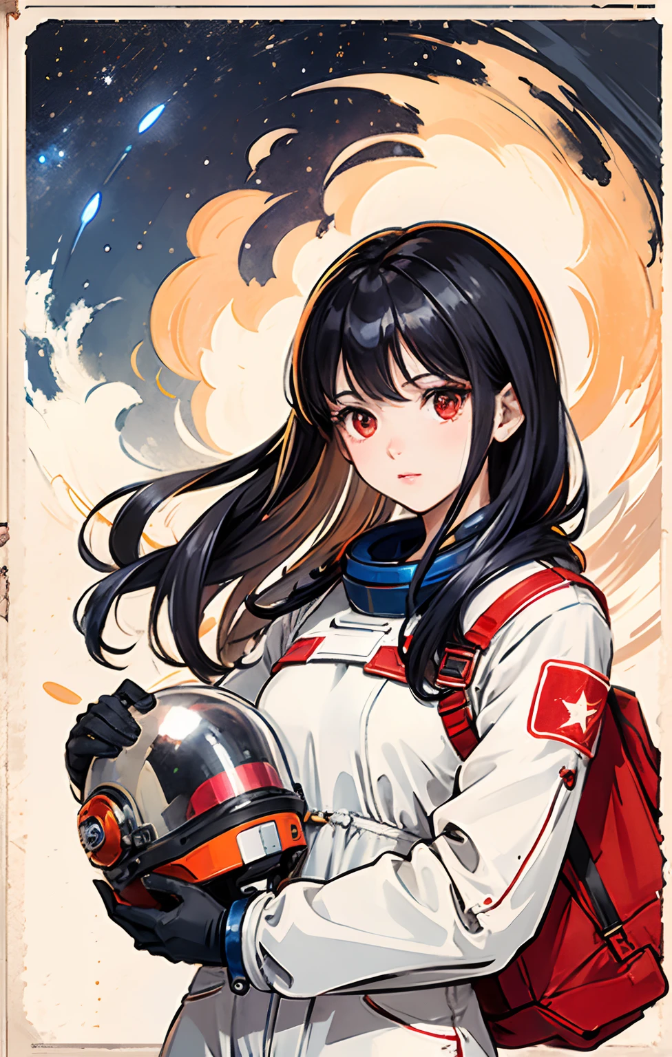 1girl, flat chested, cute, beautiful detailed eyes, shiny hair, visible through the hair, hair between the eyes, CCCPposter, sovietposter, red monochrome, Soviet poster, USSR, communism, black hair, red eyes, vampire ,girl,small breasts,spacesuit:Orange_clothing_body:jumpsuit ), white_gloves, white_space shoes, white_helmet, CCCP scarlet letters on the top of the helmet, weightlessness, Side light, reflection, the person in the spacesuit is at the bottom left of the picture, right hand outstretched, right hand Gently touch the Salyut space station), the space station in the upper right corner of the screen, the reflected light of the sun, silver metal, red flag, brilliance, Soviet style, diffuse reflection, metal texture, blue earth in the distance, mech style, star sea, high-profile, majestic