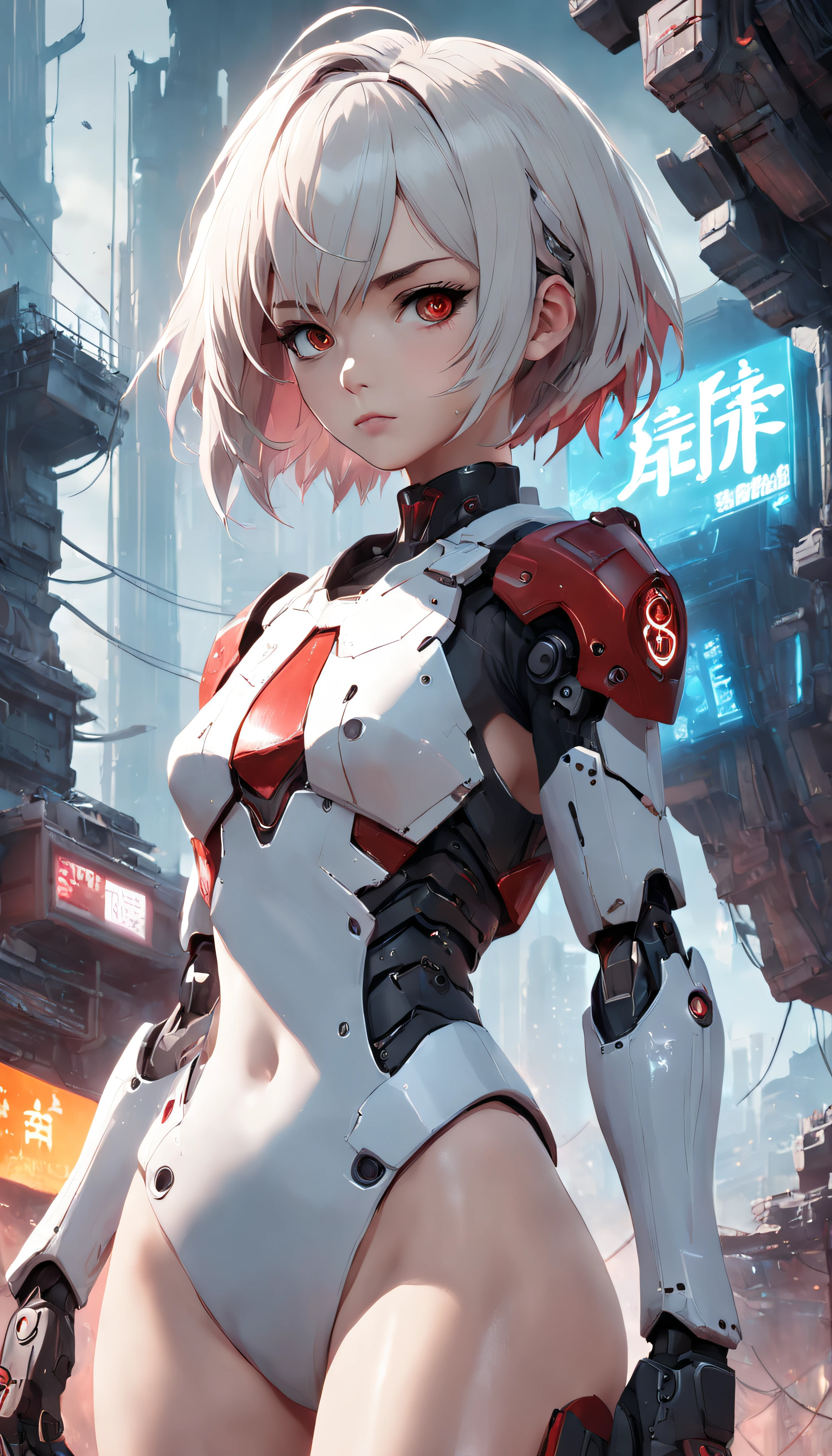 This is a CG Unity 8k wallpaper with ultra-detailed, high-resolution and top quality in cyberpunk style, dominated by black and red. In the picture, a beautiful girl with white messy short hair, a delicate face, wearing a steam mecha mask, standing on the ruins, behind her is a huge robot, Social realism, Hyperrealism, sparkle, cinematic lighting, lens flare, Ultra-Wide Angle