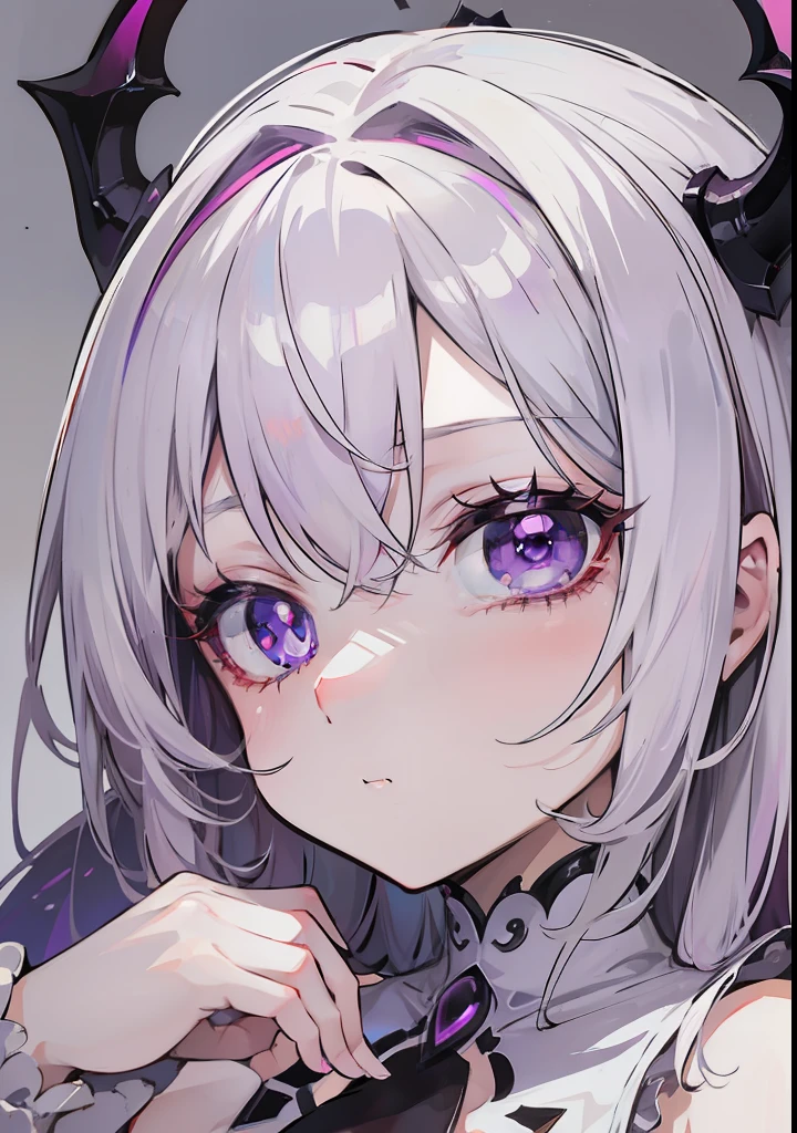 Creamy white hair,Deep purple pupils,A cute and seductive succubus girl