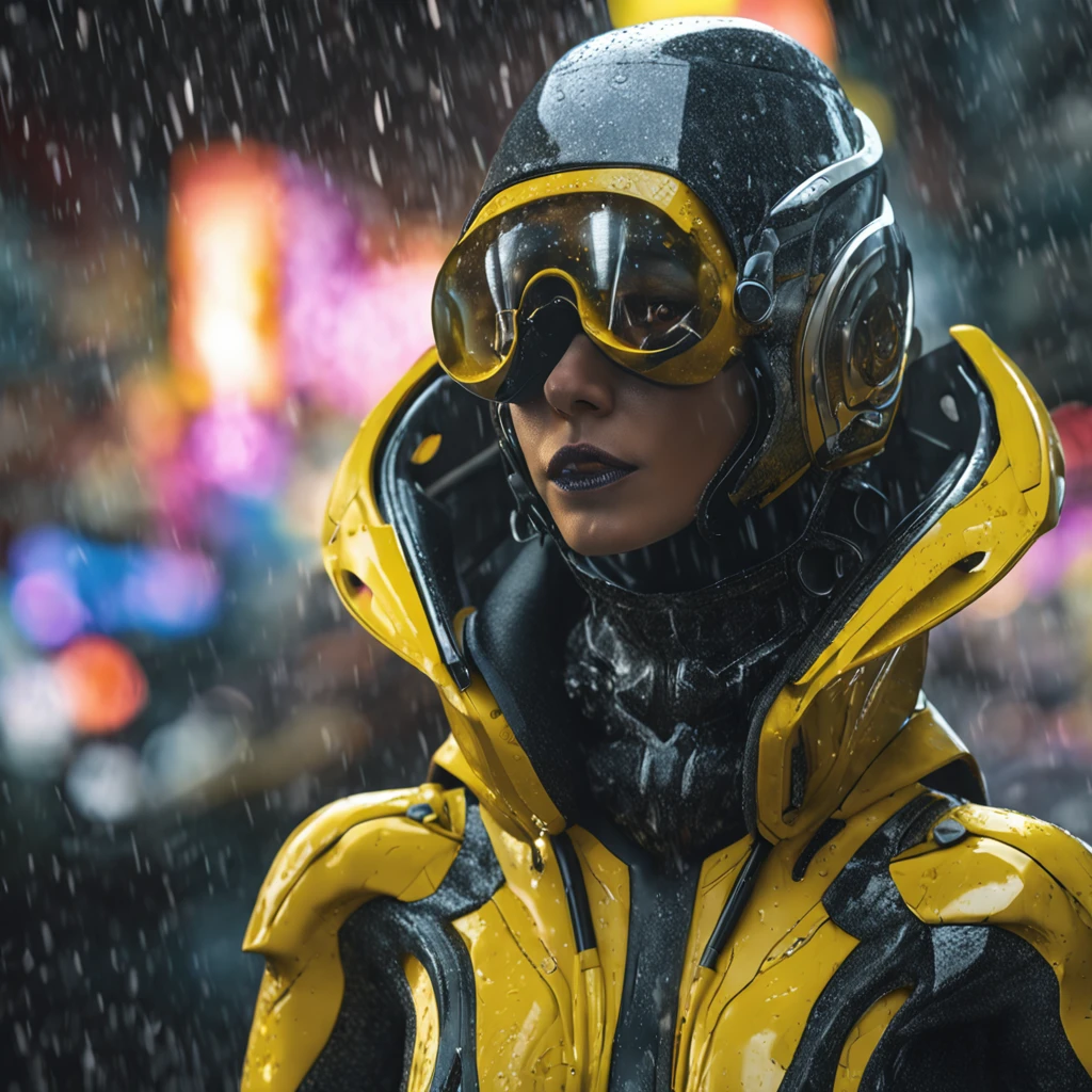 (professional 3d render:1.3) af (Realistic:1.3) most beautiful cinematic lighting movie still photo in the world, woman wearing an ornate curved mask and yellow and black patterned and contoured organic costume with glass dome visor in the pouring rain, wet surface textures with water droplets, organic flowers and plants, dynamic glamor pose holding exquisite engraved space gun, alien woman, as a futuristic heroine, vespertine, futuristic clothing and glass, movie still, fashionable futuristic woman, H.R.Giger, Simon Stalenhag, female alien, alien girl, of a futuristic woman selk'nam. avante garde design stylings inspired by yellow and black squares and curves(Intricate:1.4), decadent, (Highly detailed:1.4), Digital painting, rendering by octane, art stations, concept-art, smooth, Sharp focus, illustration, Art germ, (loish:0.23), wlop ilya kuvshinov, and greg rutkowski and alphonse mucha gracias, (Global illumination, Studio light, volumettic light), heavy rain, particles floating, lotr, fantasy, elf, full body, ((Dark and ancient city background:1.3)),CGSesociety,art stations