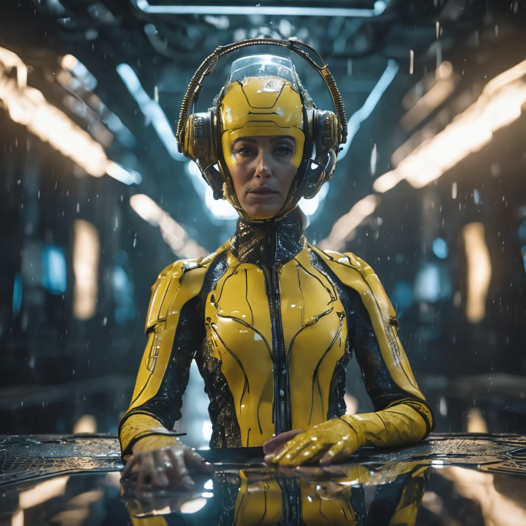 (professional 3d render:1.3) af (Realistic:1.3) most beautiful cinematic lighting movie still photo in the world, woman wearing an ornate curved mask and yellow and black patterned and contoured organic costume with glass dome visor in the pouring rain, wet surface textures with water droplets, organic flowers and plants, dynamic glamor pose holding exquisite engraved space gun, alien woman, as a futuristic heroine, vespertine, futuristic clothing and glass, movie still, fashionable futuristic woman, H.R.Giger, Simon Stalenhag, female alien, alien girl, of a futuristic woman selk'nam. avante garde design stylings inspired by yellow and black squares and curves(Intricate:1.4), decadent, (Highly detailed:1.4), Digital painting, rendering by octane, art stations, concept-art, smooth, Sharp focus, illustration, Art germ, (loish:0.23), wlop ilya kuvshinov, and greg rutkowski and alphonse mucha gracias, (Global illumination, Studio light, volumettic light), heavy rain, particles floating, lotr, fantasy, elf, full body, ((Dark and ancient city background:1.3)),CGSesociety,art stations