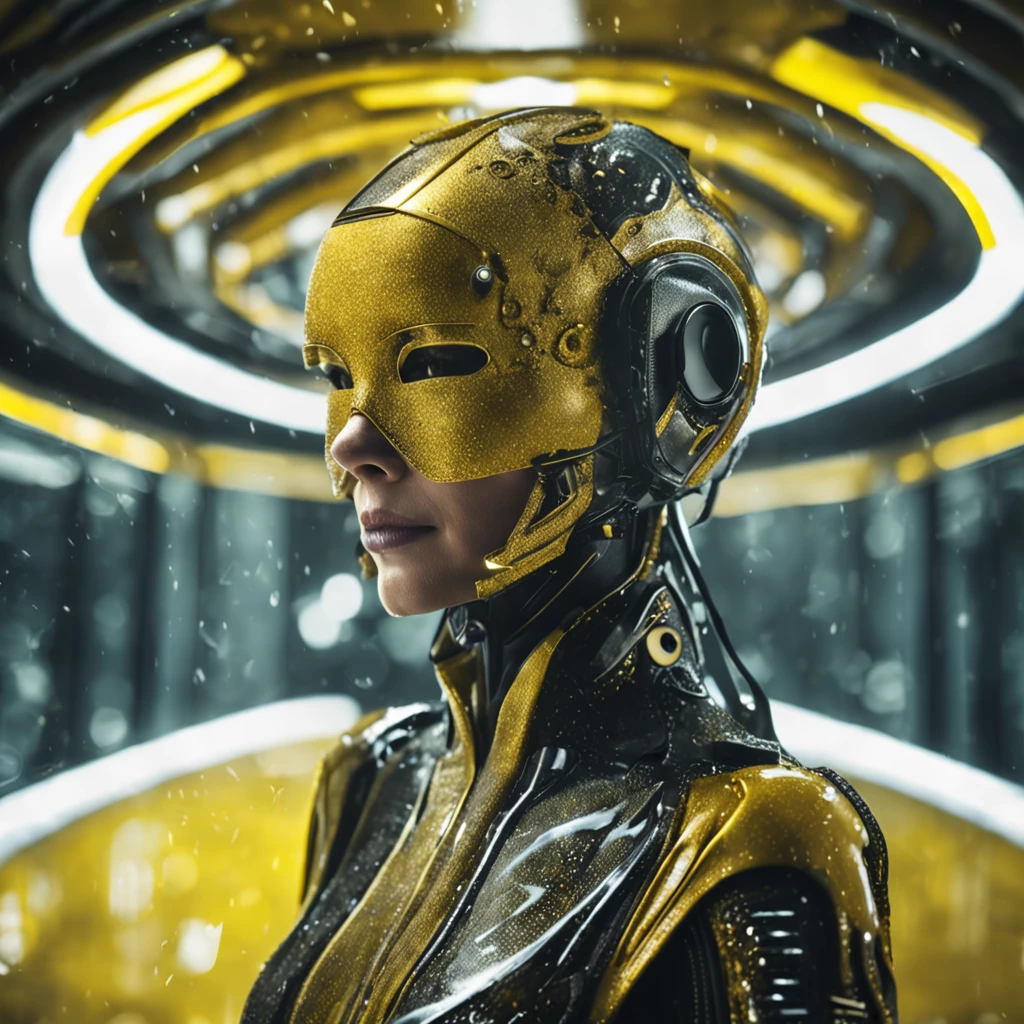 (professional 3d render:1.3) af (Realistic:1.3) most beautiful cinematic lighting movie still photo in the world, woman wearing an ornate curved mask and yellow and black patterned and contoured organic costume with glass dome visor in the pouring rain, wet surface textures with water droplets, organic flowers and plants, dynamic glamor pose holding exquisite engraved space gun, alien woman, as a futuristic heroine, vespertine, futuristic clothing and glass, movie still, fashionable futuristic woman, H.R.Giger, Simon Stalenhag, female alien, alien girl, of a futuristic woman selk'nam. avante garde design stylings inspired by yellow and black squares and curves(Intricate:1.4), decadent, (Highly detailed:1.4), Digital painting, rendering by octane, art stations, concept-art, smooth, Sharp focus, illustration, Art germ, (loish:0.23), wlop ilya kuvshinov, and greg rutkowski and alphonse mucha gracias, (Global illumination, Studio light, volumettic light), heavy rain, particles floating, lotr, fantasy, elf, full body, ((Dark and ancient city background:1.3)),CGSesociety,art stations